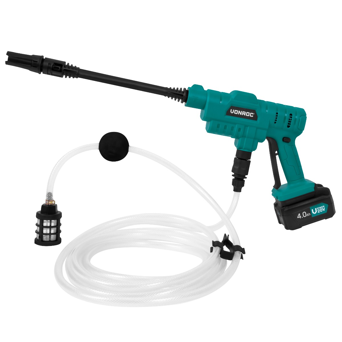 Green and black cordless power washer with a white hose, black nozzle, and black handle, on white.