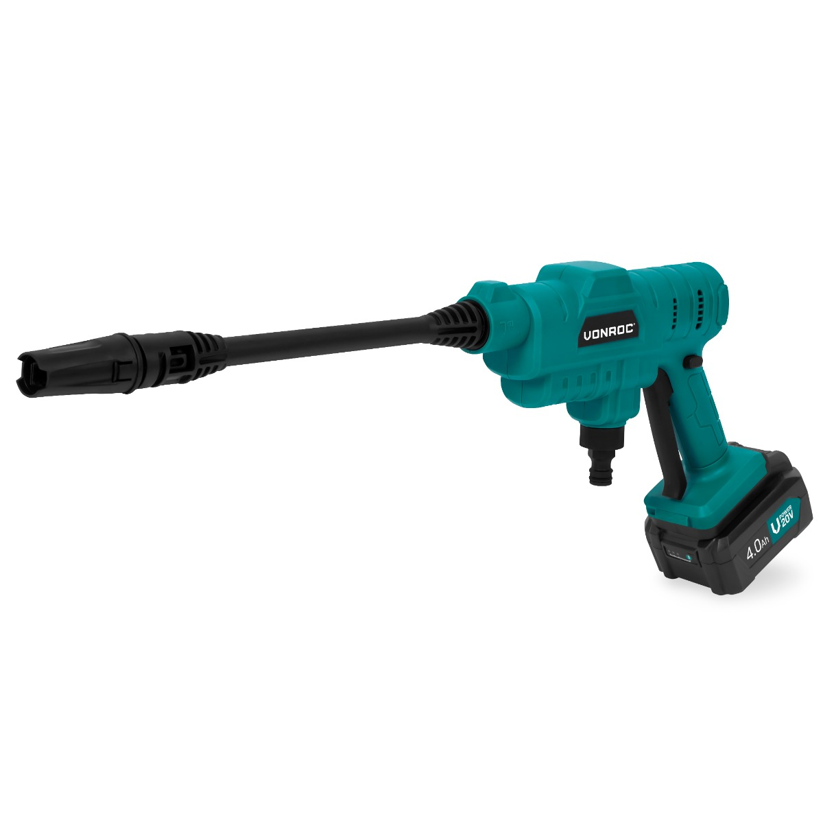 Teal pressure washer with black nozzle, on white background.