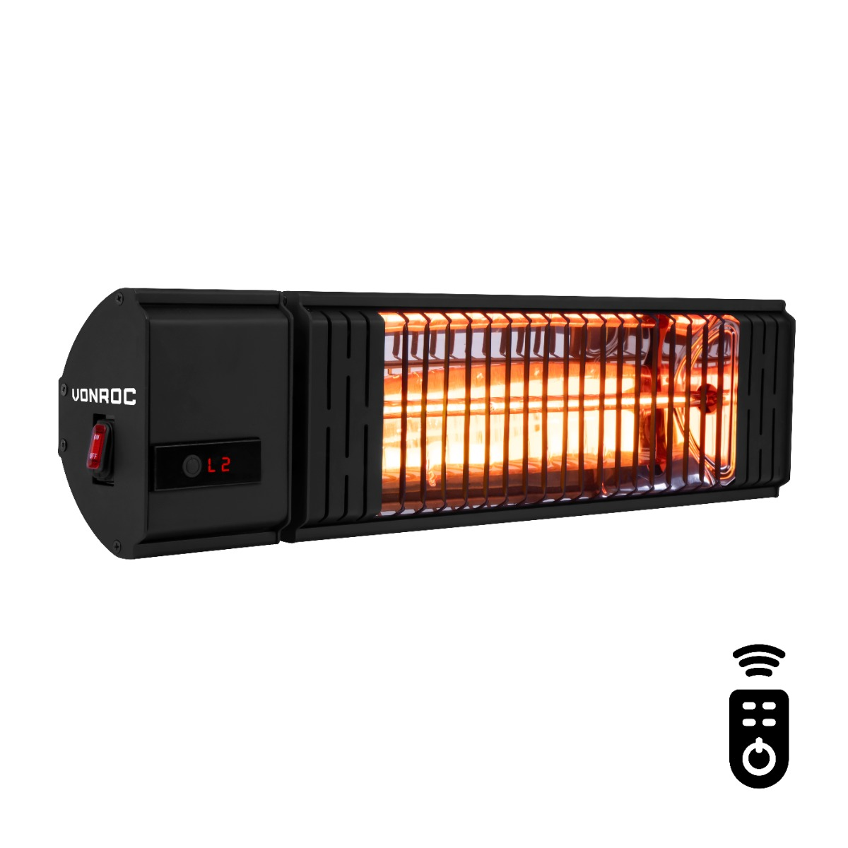 Black, rectangular outdoor heater with a red power button and remote control icon.