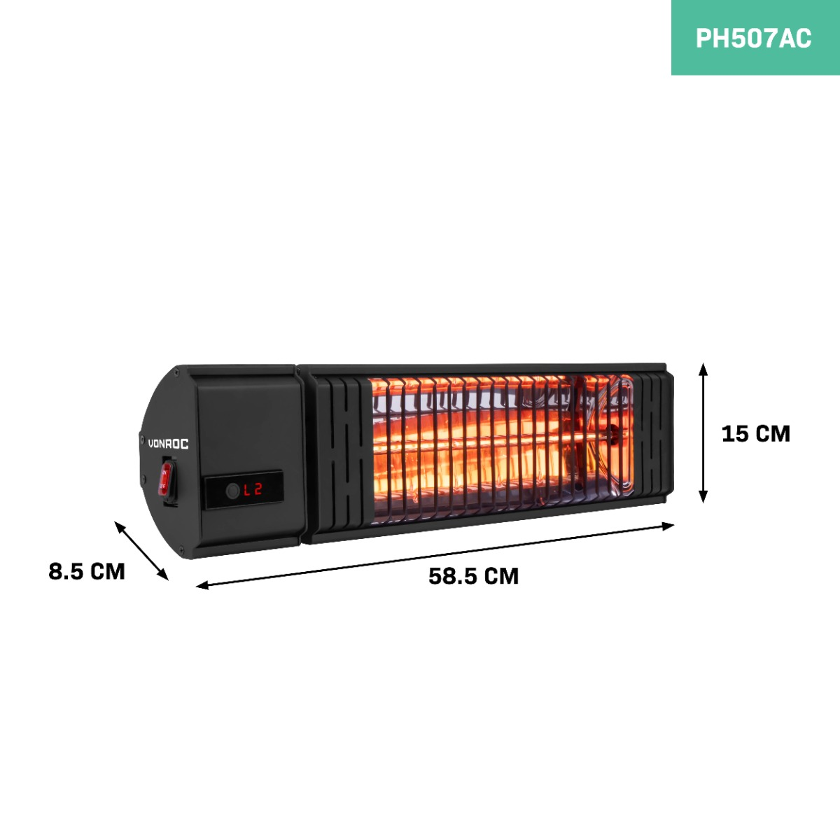 Black outdoor heater with dimensions labeled: 58.5 cm long, 15 cm high, and 8.5 cm wide.