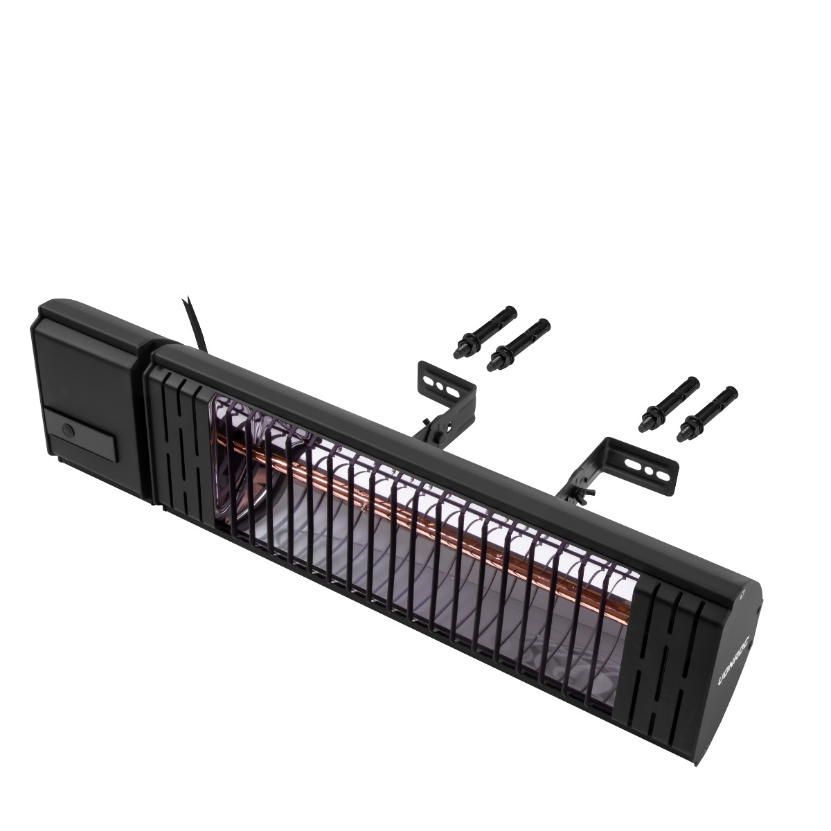 Black outdoor heater with mounting brackets. Background: white.