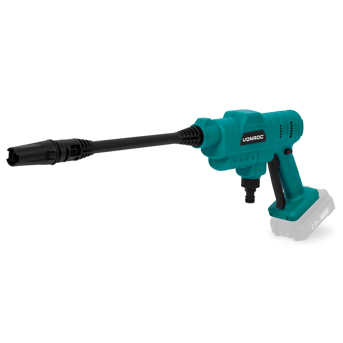 Een turquoise hogedrukreiniger met een zwarte spuitmond en een batterij, tegen een witte achtergrond.