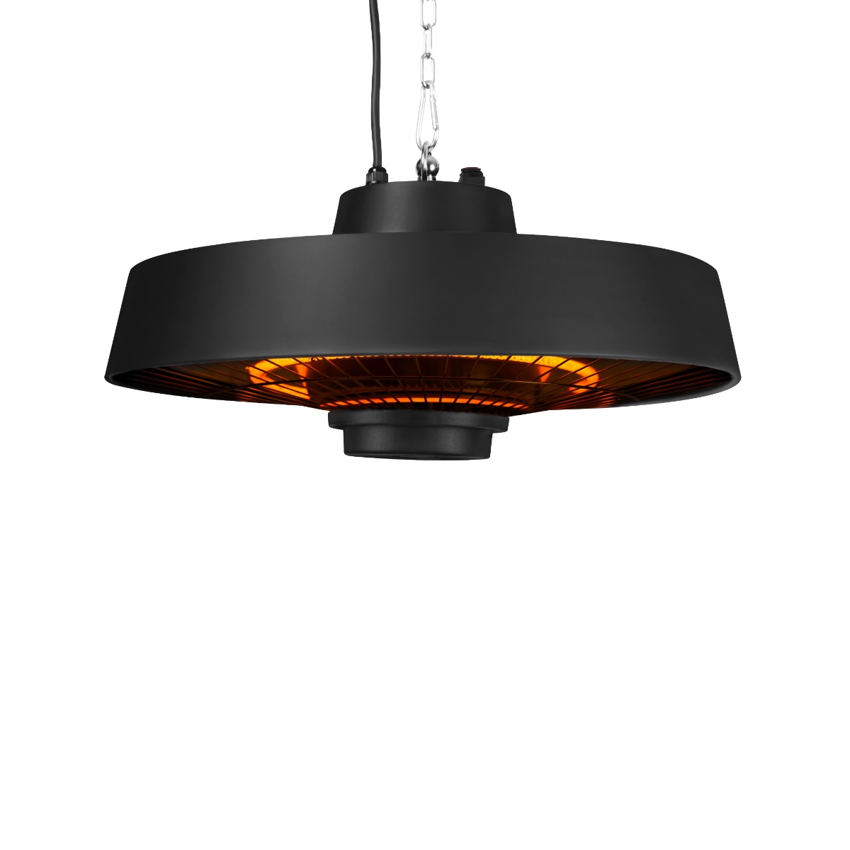 A black ceiling-mounted heater with an orange glowing heating element. It hangs from a chain.