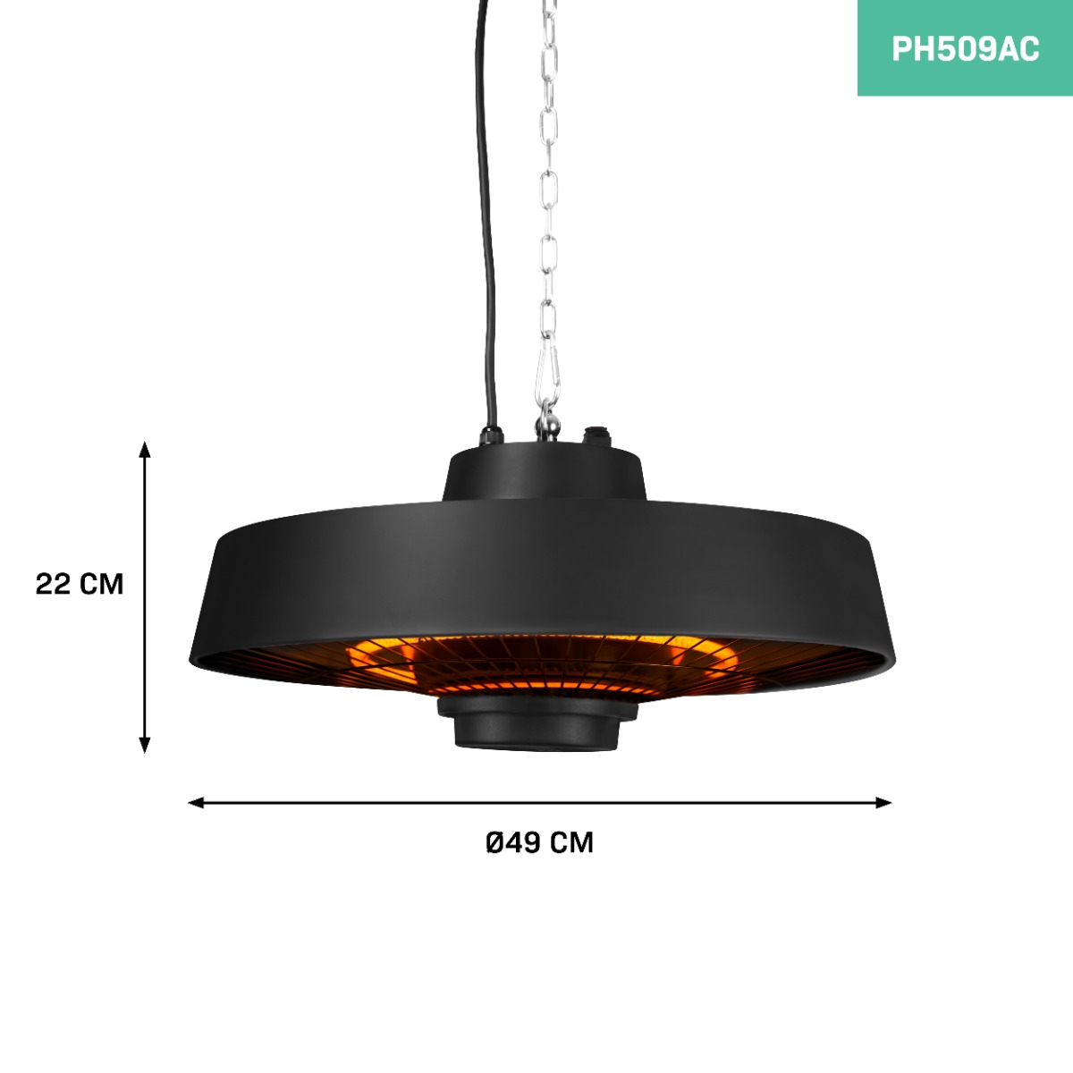 Black hanging heater with a circular design, and labels with dimensions.