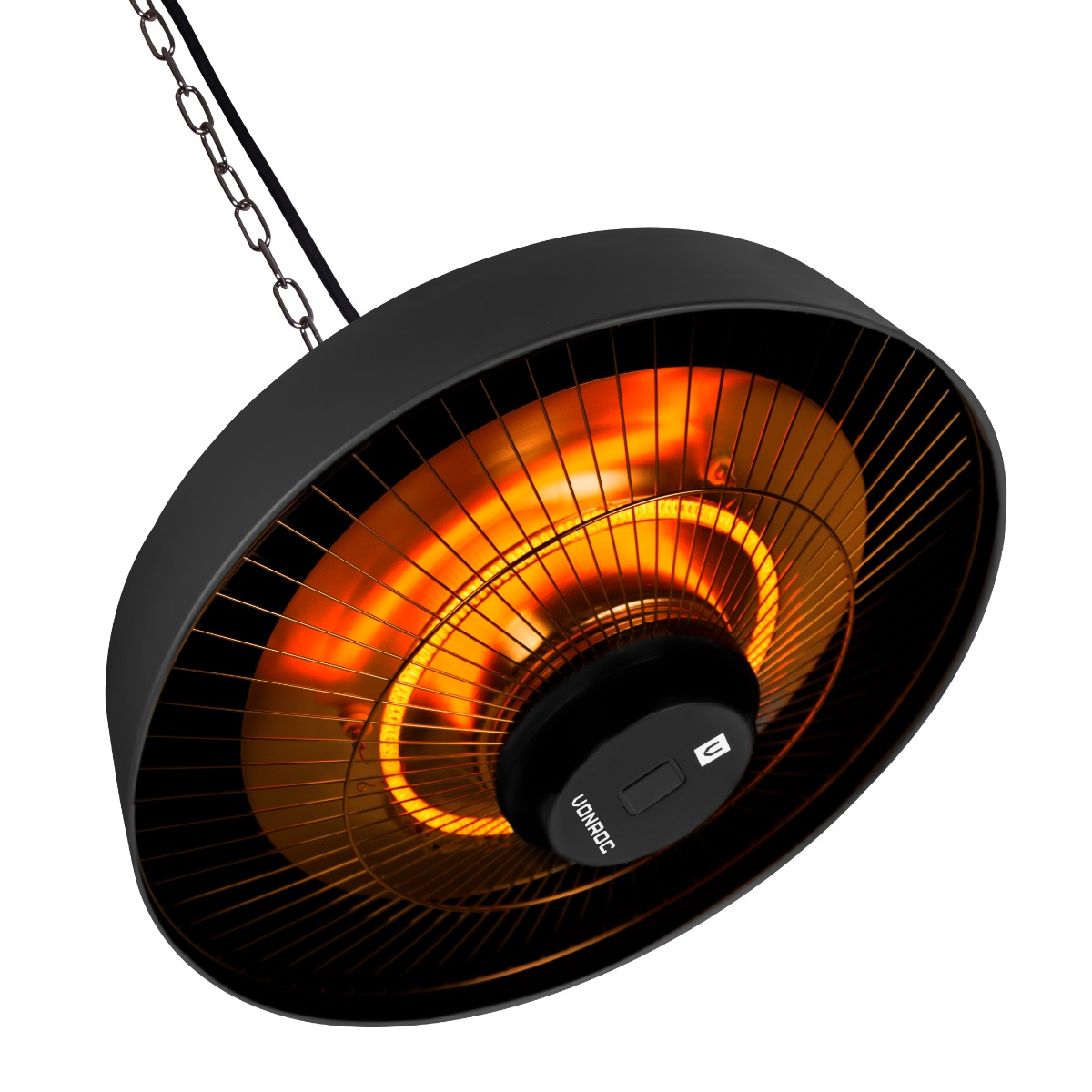 Black, round infrared heater, orange glow.  Hangs from a chain.