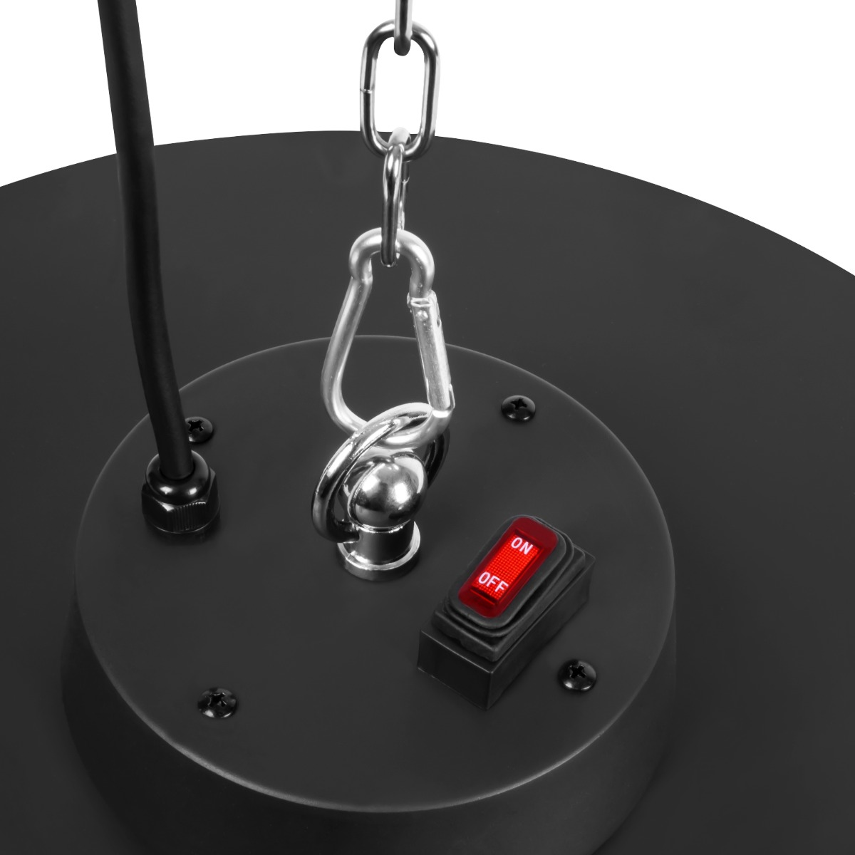 Black disco ball base with an On/Off switch and metal chain hanging from above.
