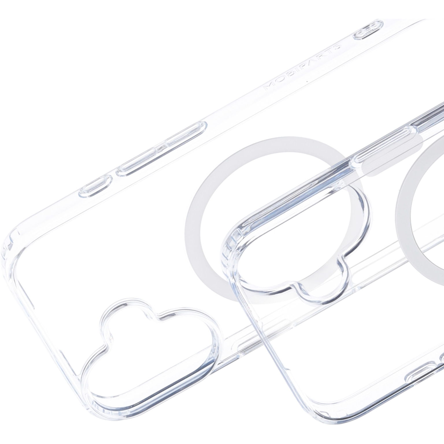 Clear phone cases with heart-shaped cutouts and a circular camera ring.