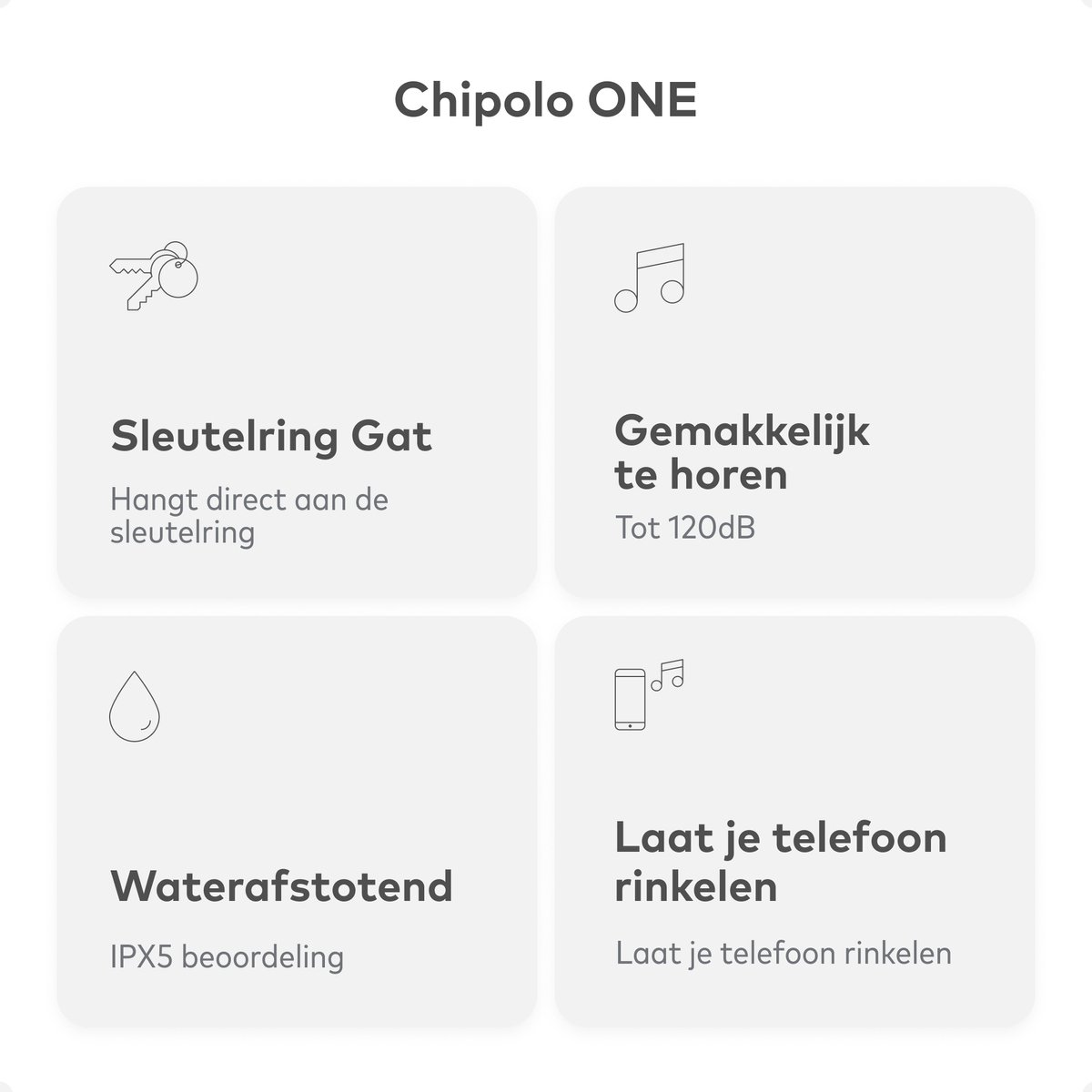 Vier witte vierkante kaarten met pictogrammen en tekst over sleutelhanger, geluid, waterbestendigheid en telefoonring.
