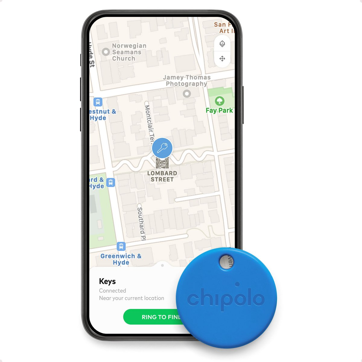 Een smartphone met een kaart met een blauw Chipolo-tag-pictogram, in de buurt van de locatie van 'Sleutels'.