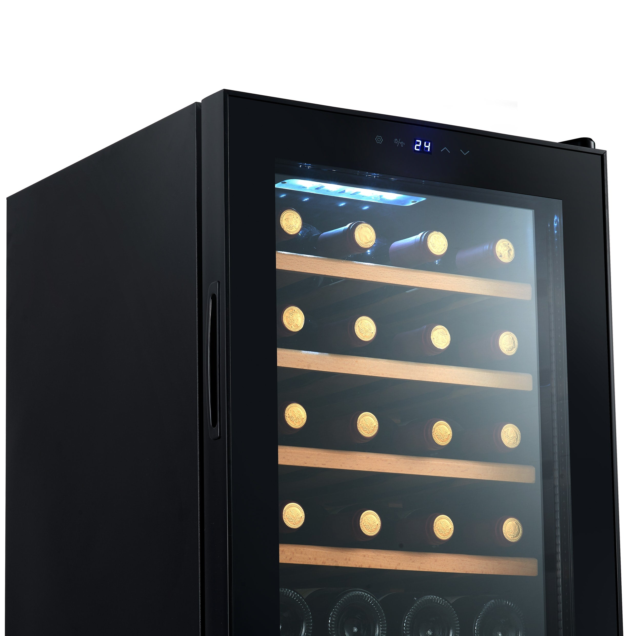 Black wine cooler, with a glass door. Inside are wooden shelves, holding several wine bottles.