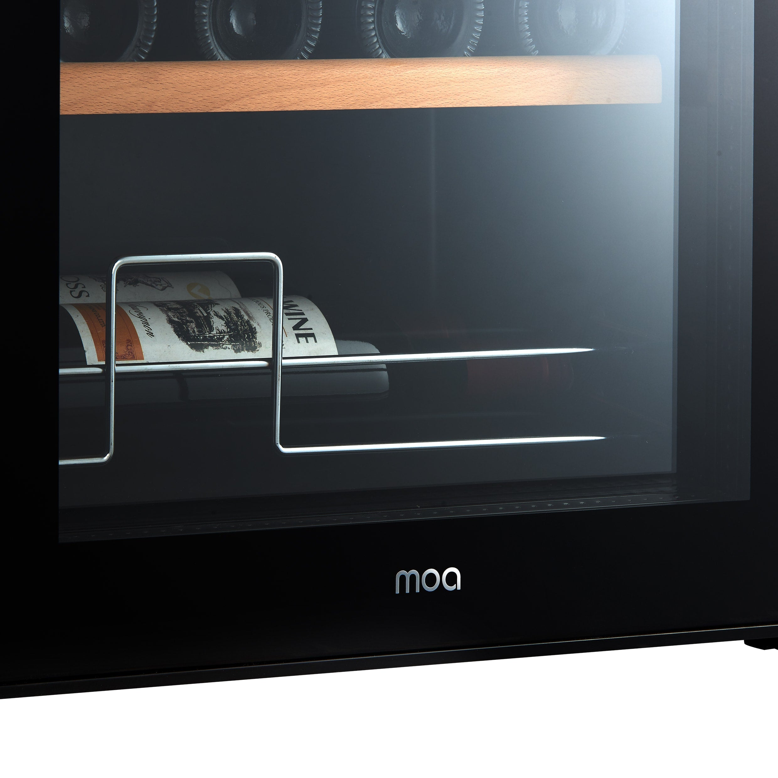 Black wine cooler with a wine bottle inside, visible through the glass door.