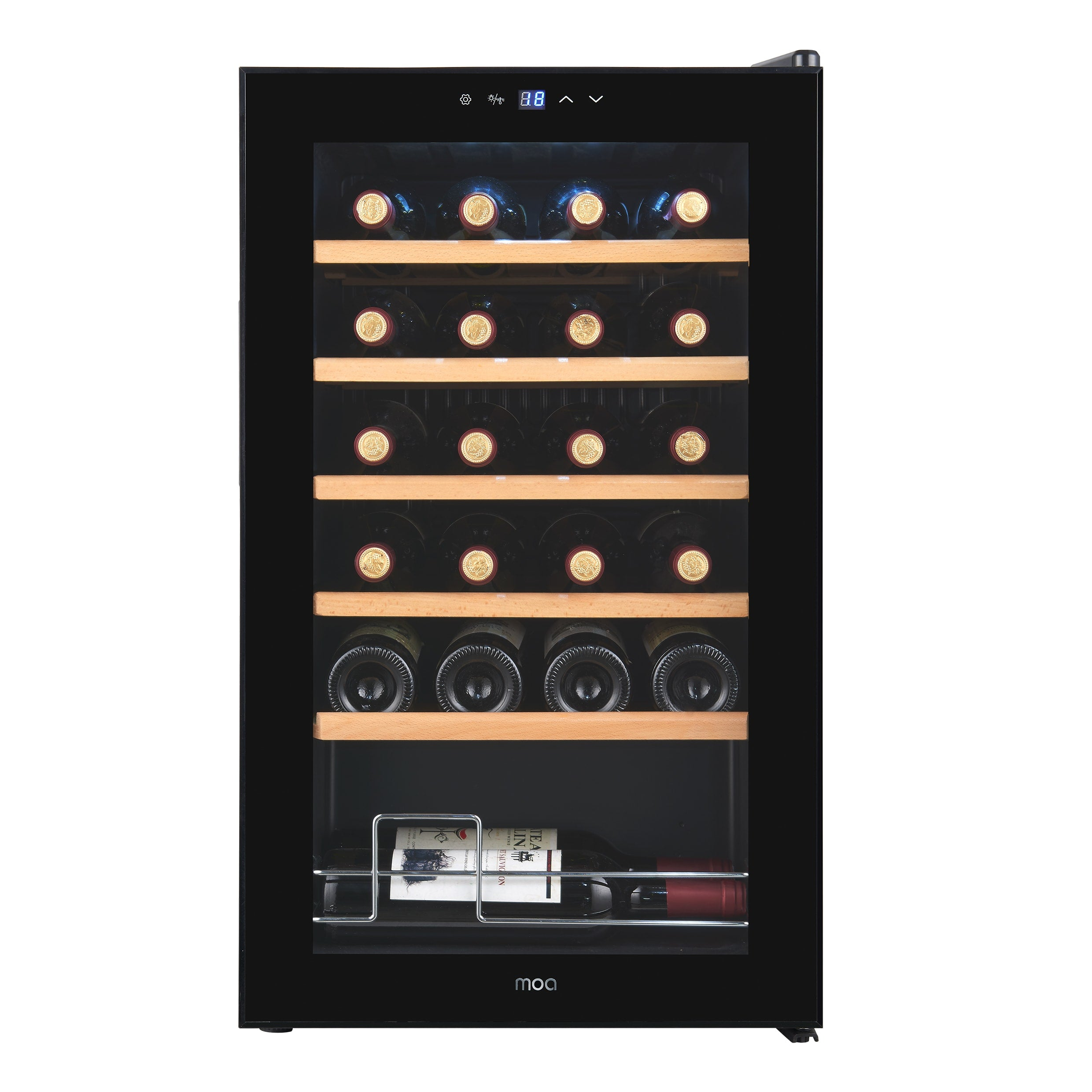 Black wine cooler, glass door, with wine bottles inside on wooden shelves.
