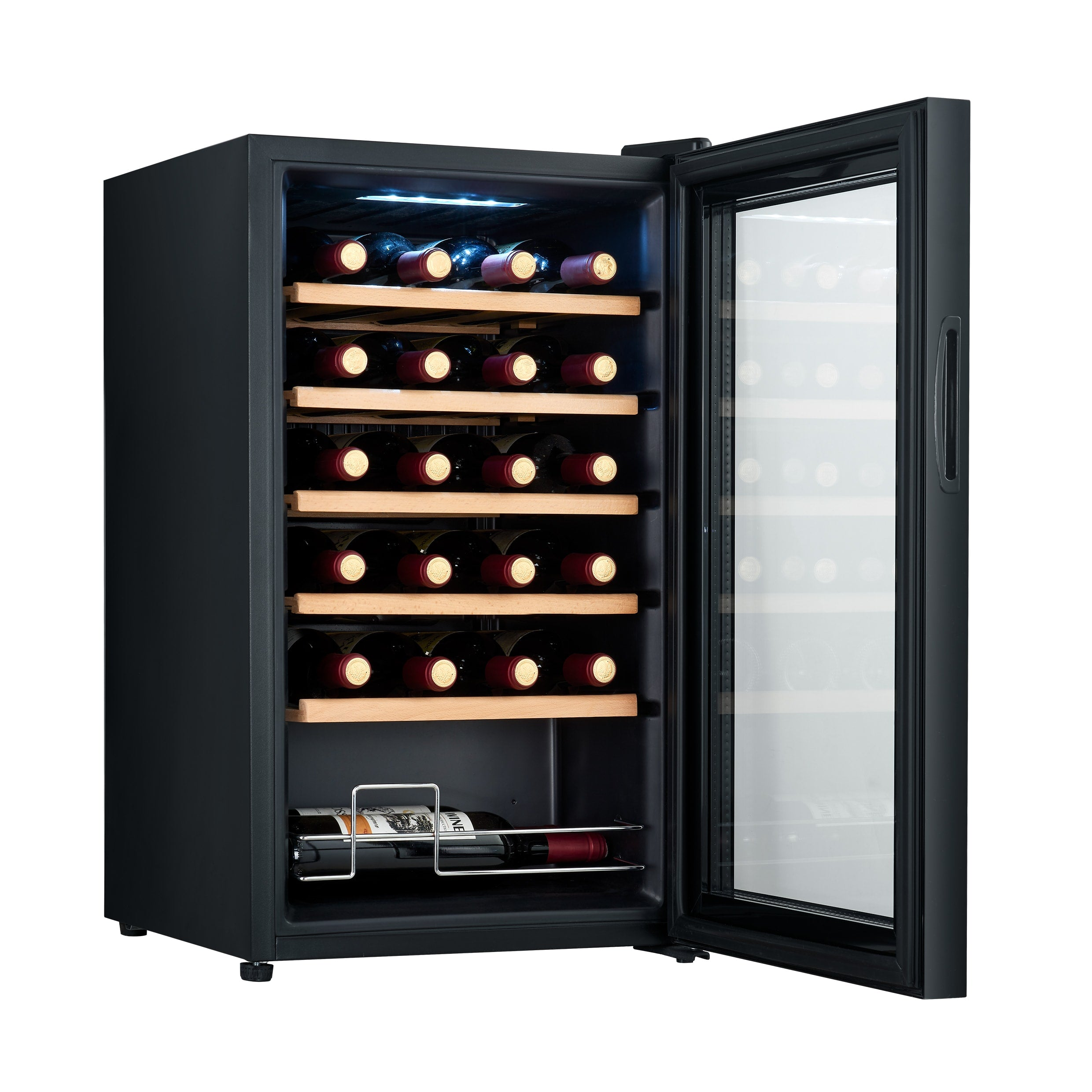 Black wine cooler with glass door, bottles visible.