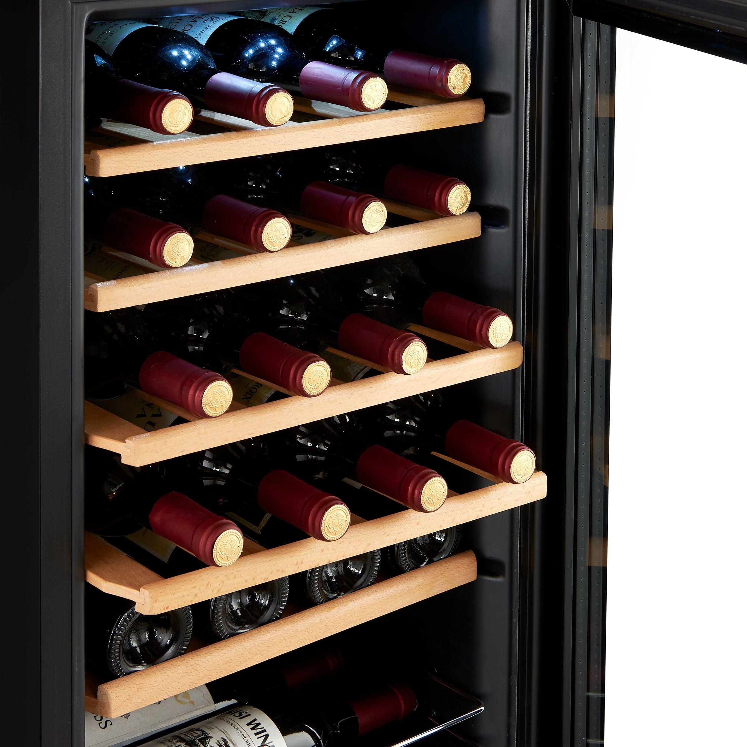 A wine cooler with multiple shelves filled with wine bottles. White background.