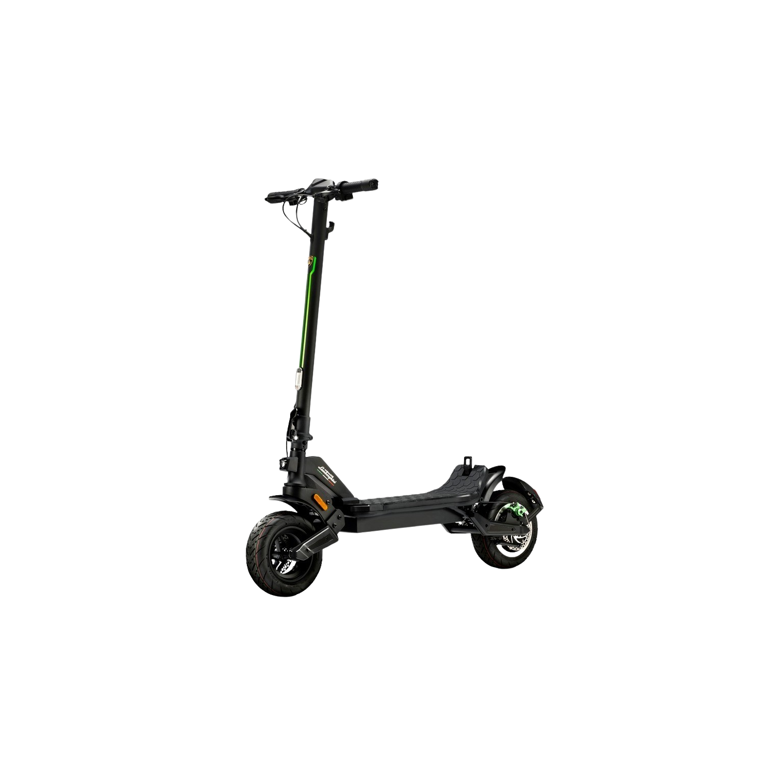 Scooter elettrico nero con accenti verdi su sfondo nero. Manubrio e ruote visibili.