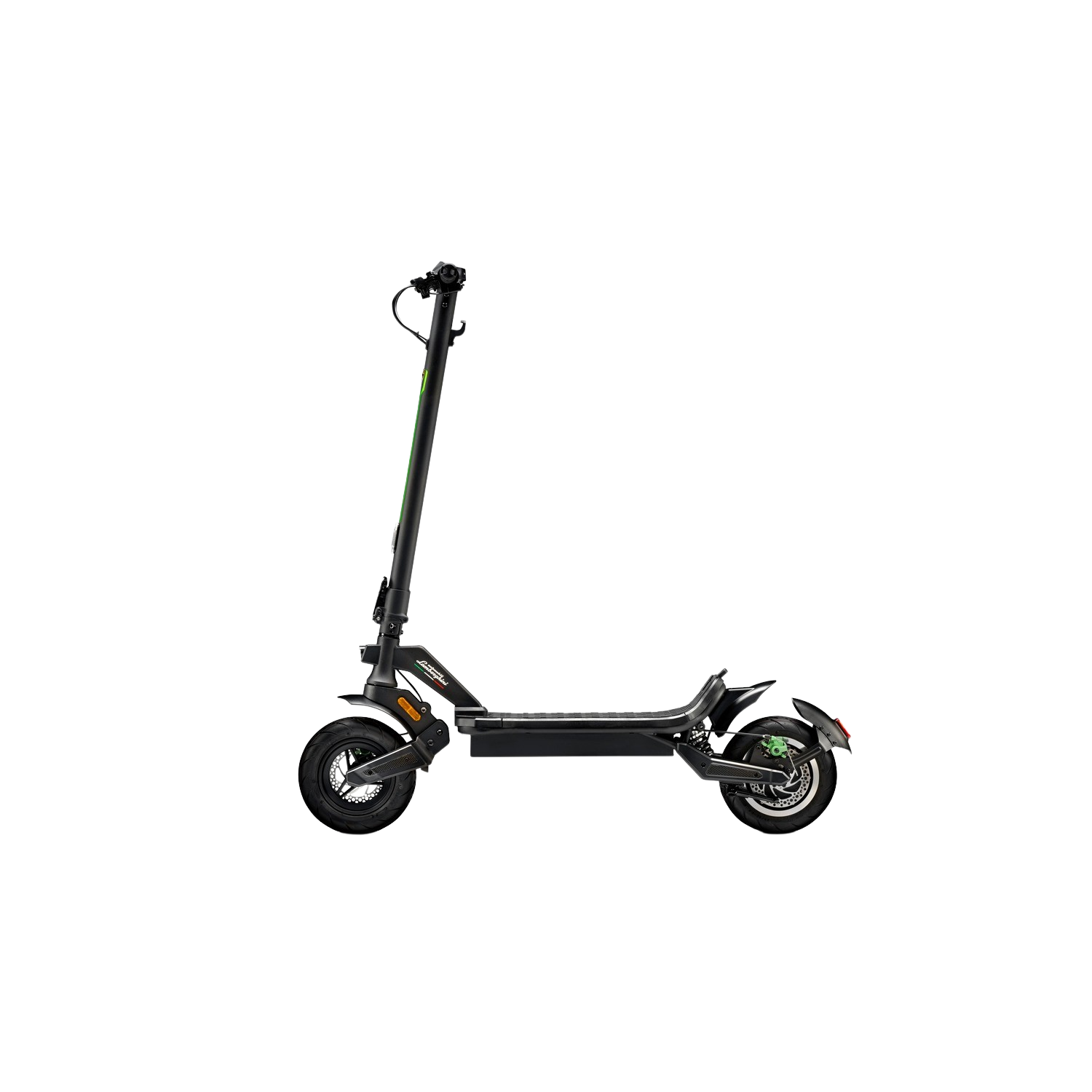 Scooter elettrico nero con dettagli verdi. Lo scooter è su uno sfondo nero.
