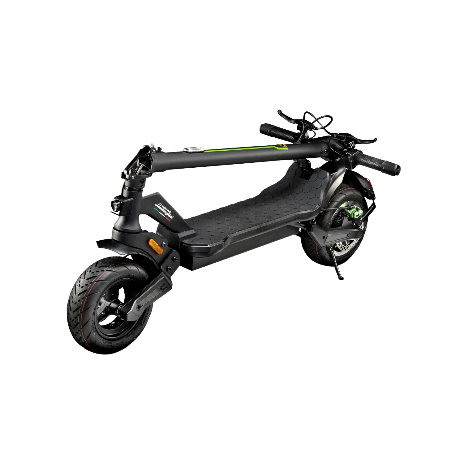 Scooter elettrico Lamborghini nero con dettagli verdi su sfondo nero.
