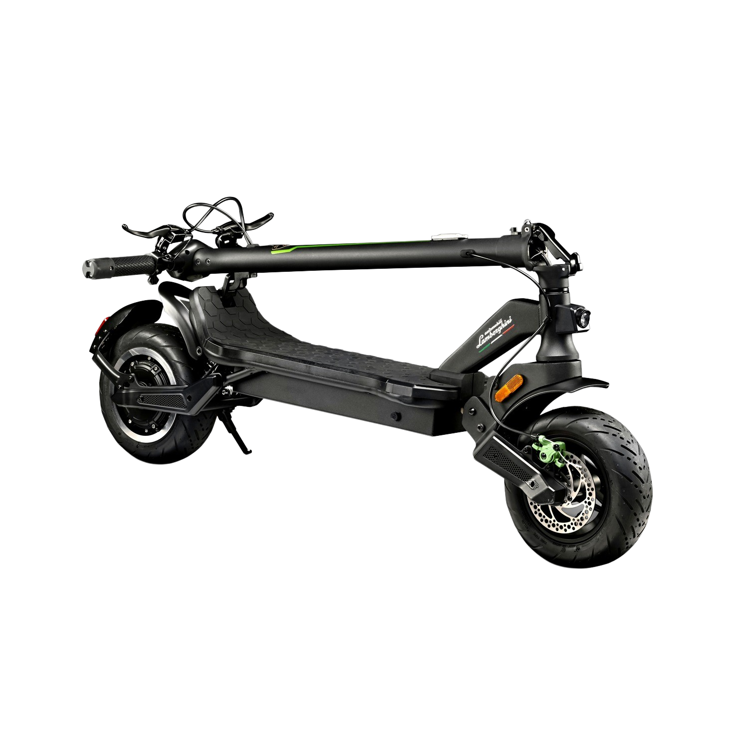 Un monopattino elettrico Lamborghini nero su sfondo nero. Ha ruote grandi.