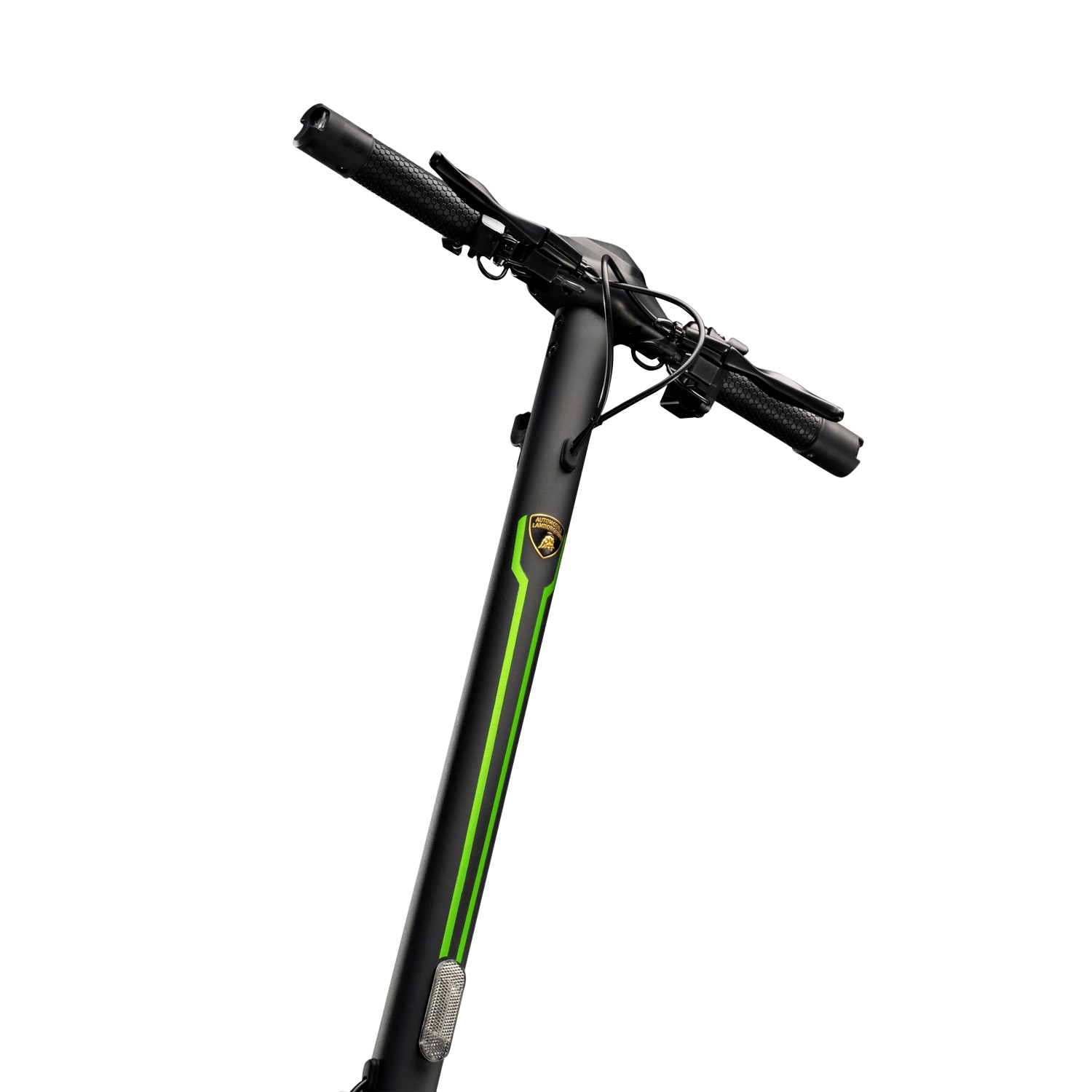 Manubrio di scooter nero e verde. Logo Lamborghini, con una striscia verde.