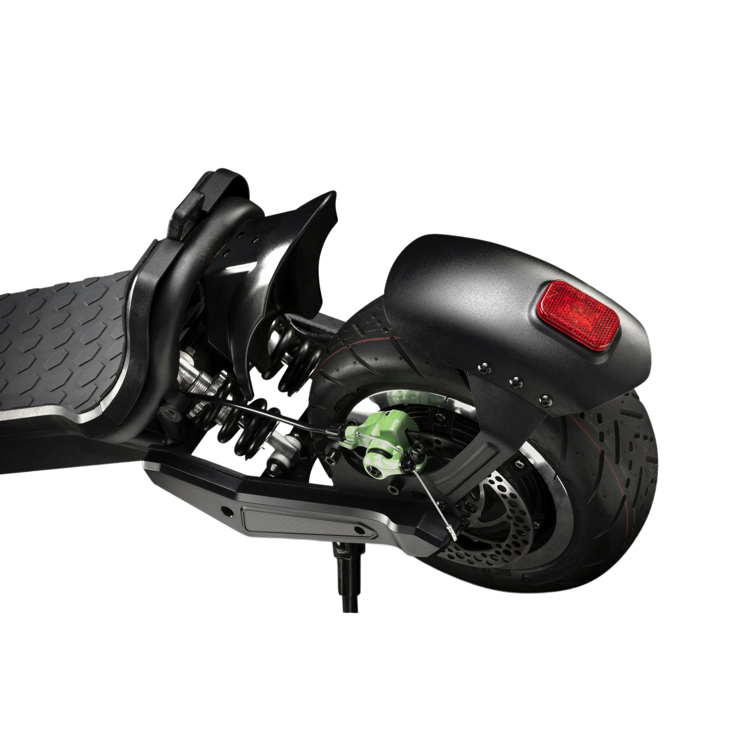 Scooter elettrico nero. Vista posteriore con ruota, parafango e freni.