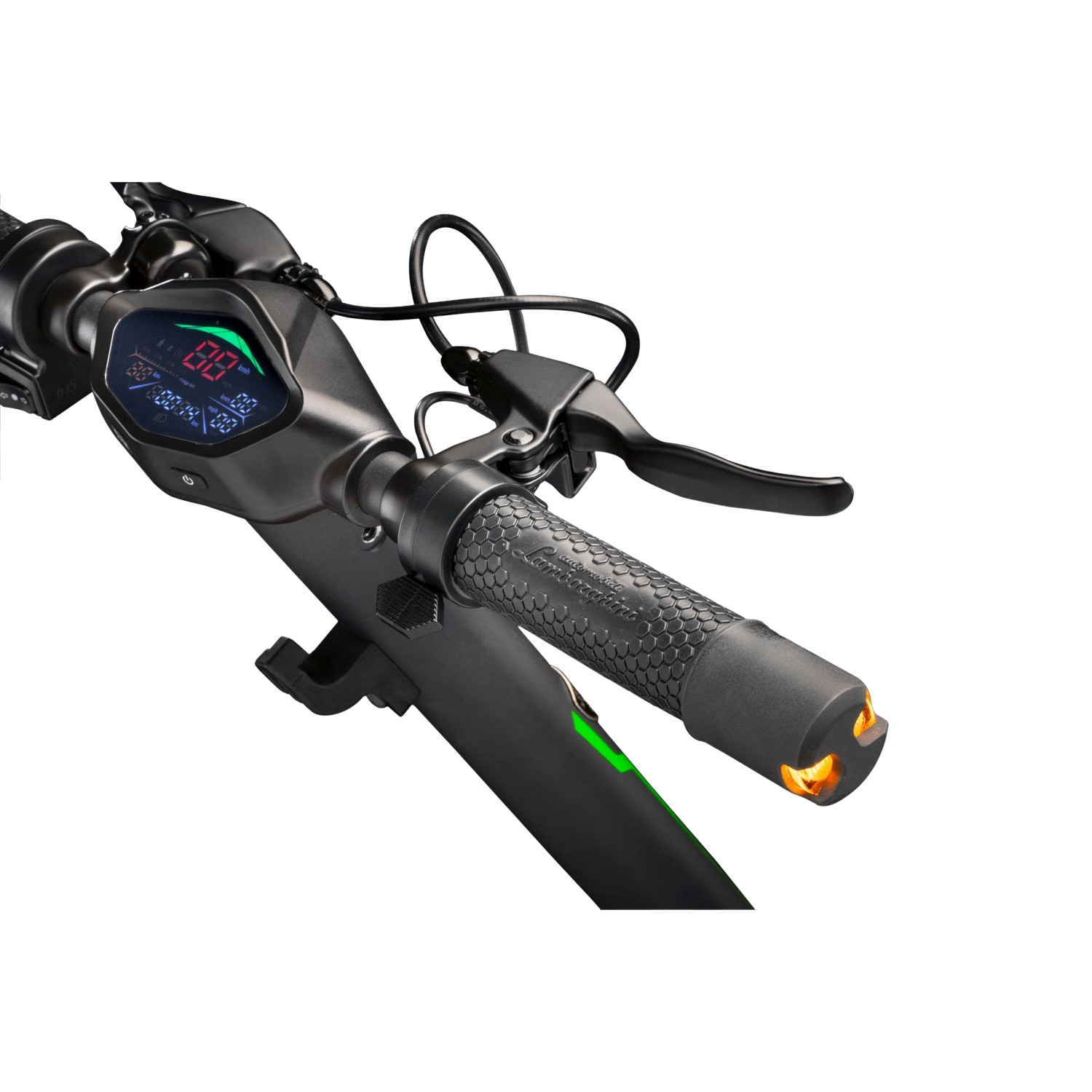 Dettaglio del manubrio dello scooter elettrico nero con display digitale e luci all'estremità dell'impugnatura.