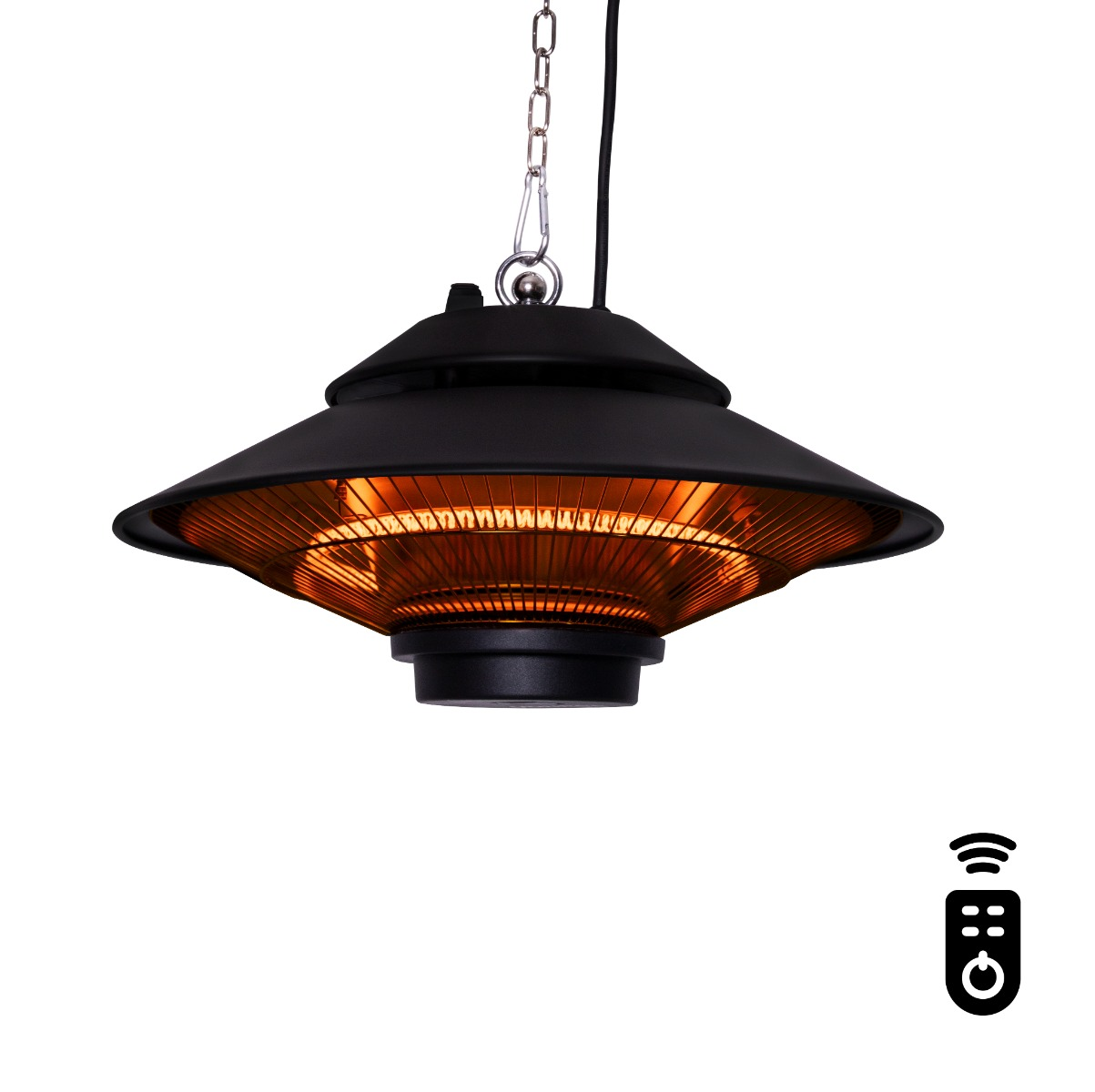 A black hanging heater with a remote, with a white background.