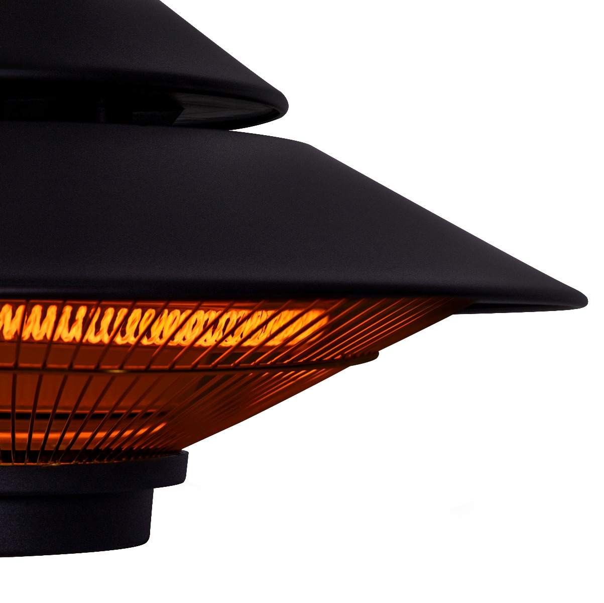 Black heater with orange heating coils and a black top, isolated on white background.