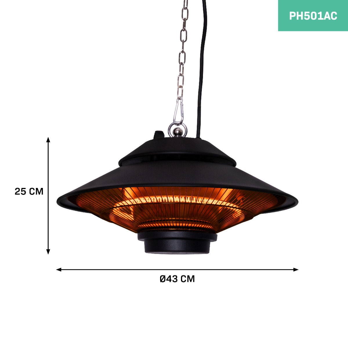 A black, round, hanging heater with measurements and a silver chain.