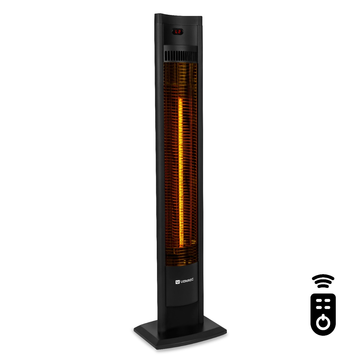 A black electric heater standing upright with a bright orange heating element and a remote.