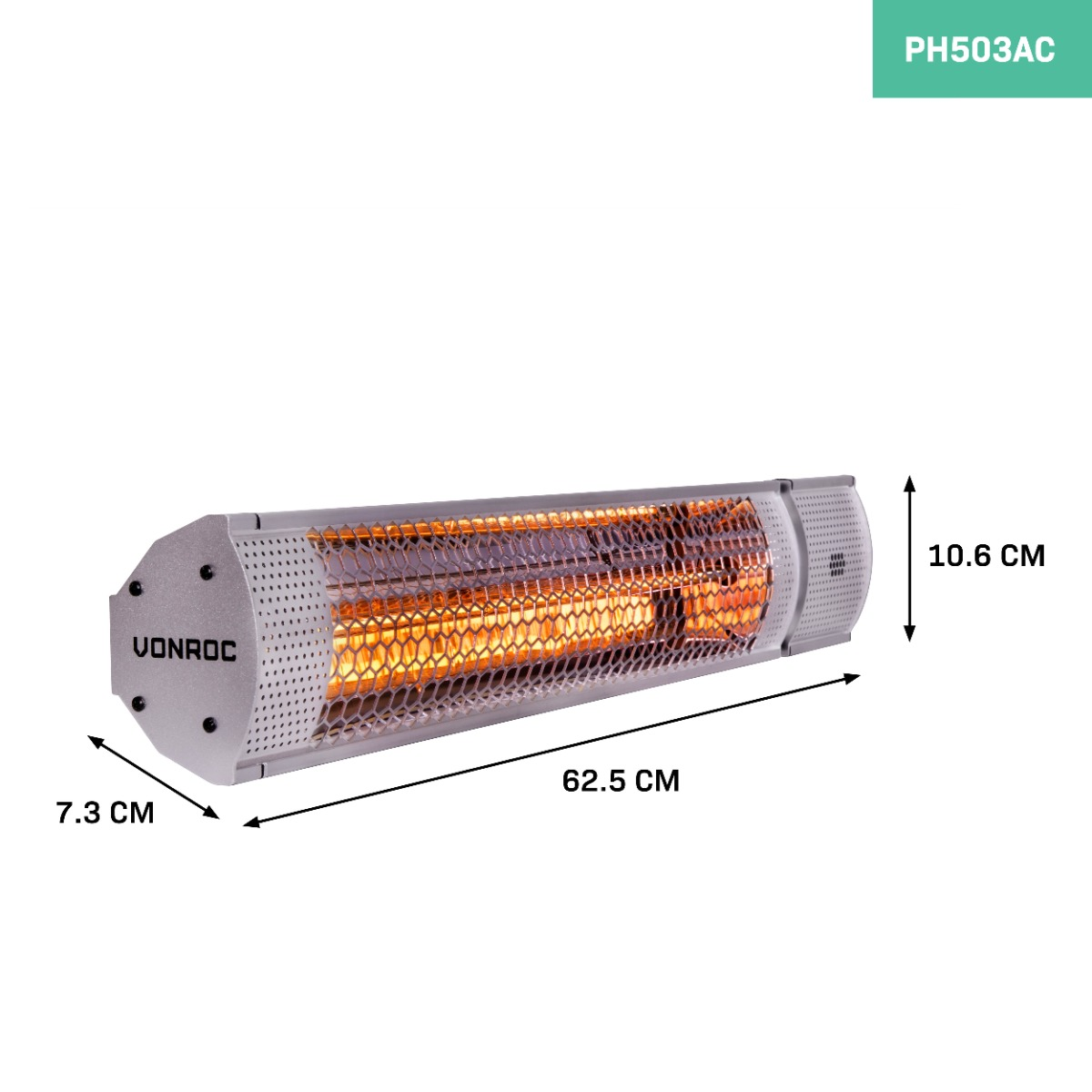 Een zilveren, lange elektrische kachel met afmetingen weergegeven. Witte achtergrond.