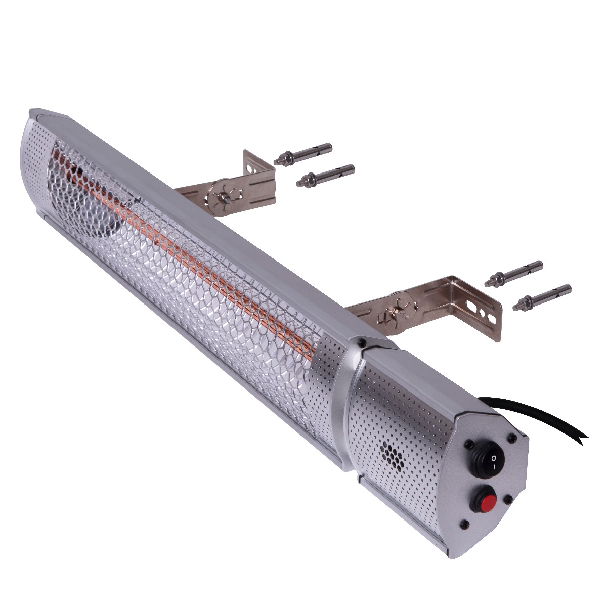 Een zilveren buitenverwarmer met een rode aan/uit-knop en montagebeugels, met de schroeven getoond.