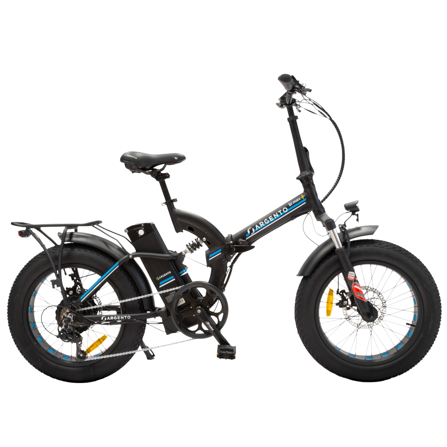 Bicicletta elettrica con pneumatici grassi neri e blu. La bici è su sfondo bianco. Ha una batteria e un motore.