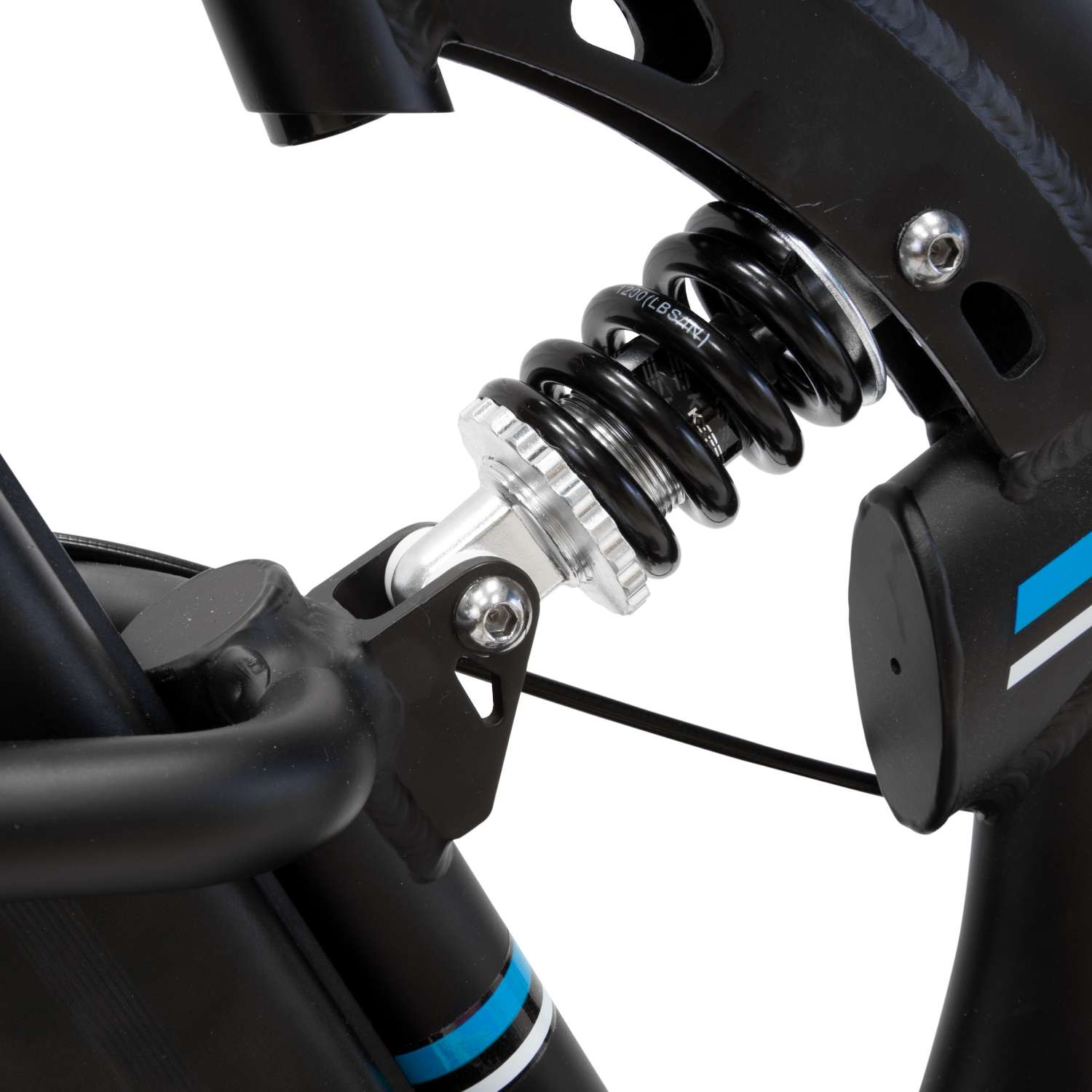 Primo piano del sistema di sospensione di una bici nera, con molla e ammortizzatore.