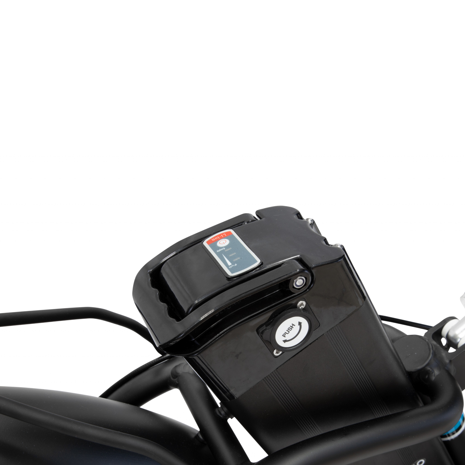Primo piano di una batteria per e-bike con maniglia e pulsante.