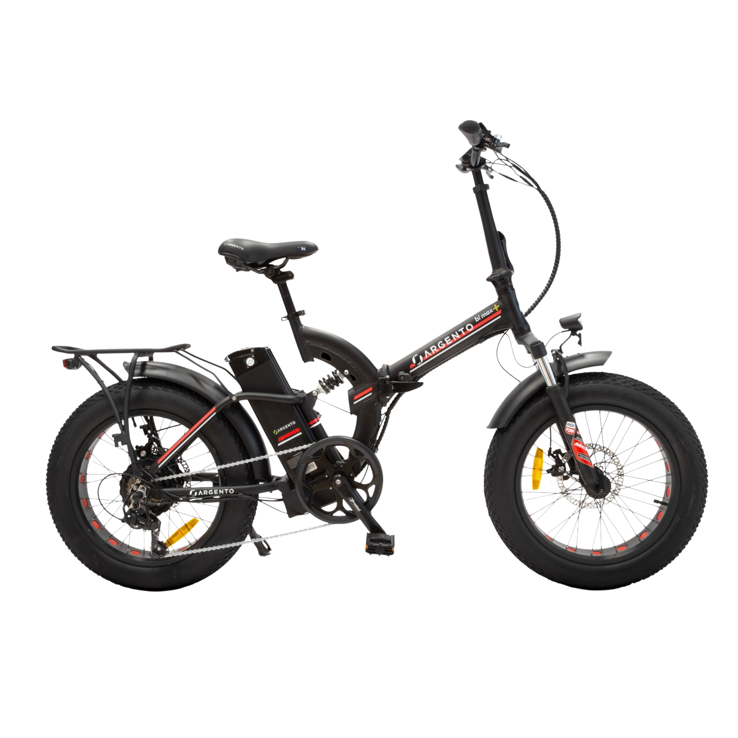 Bicicletta elettrica nera con accenti rossi. Lo sfondo è bianco.