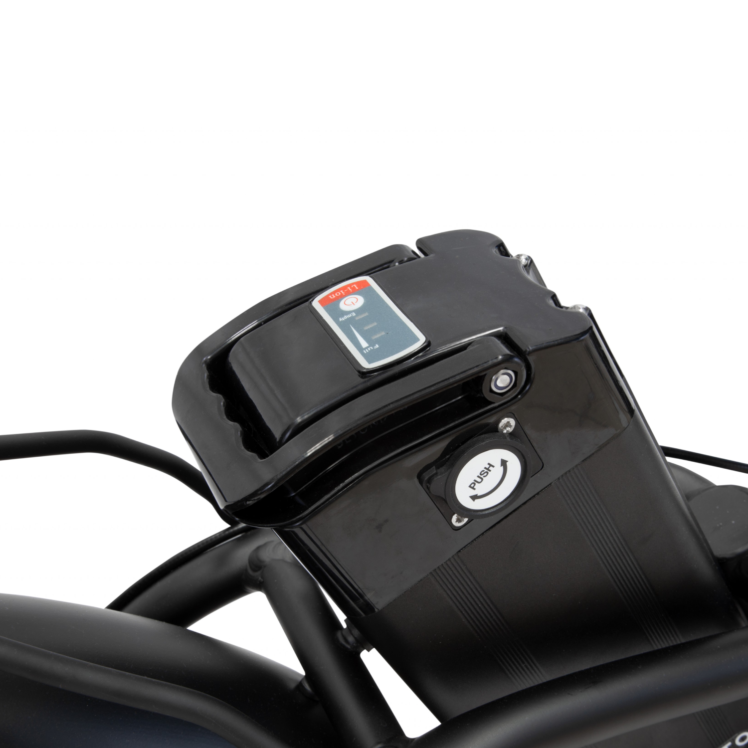 Primo piano di un pacco batteria per e-bike nero con pulsante di accensione.