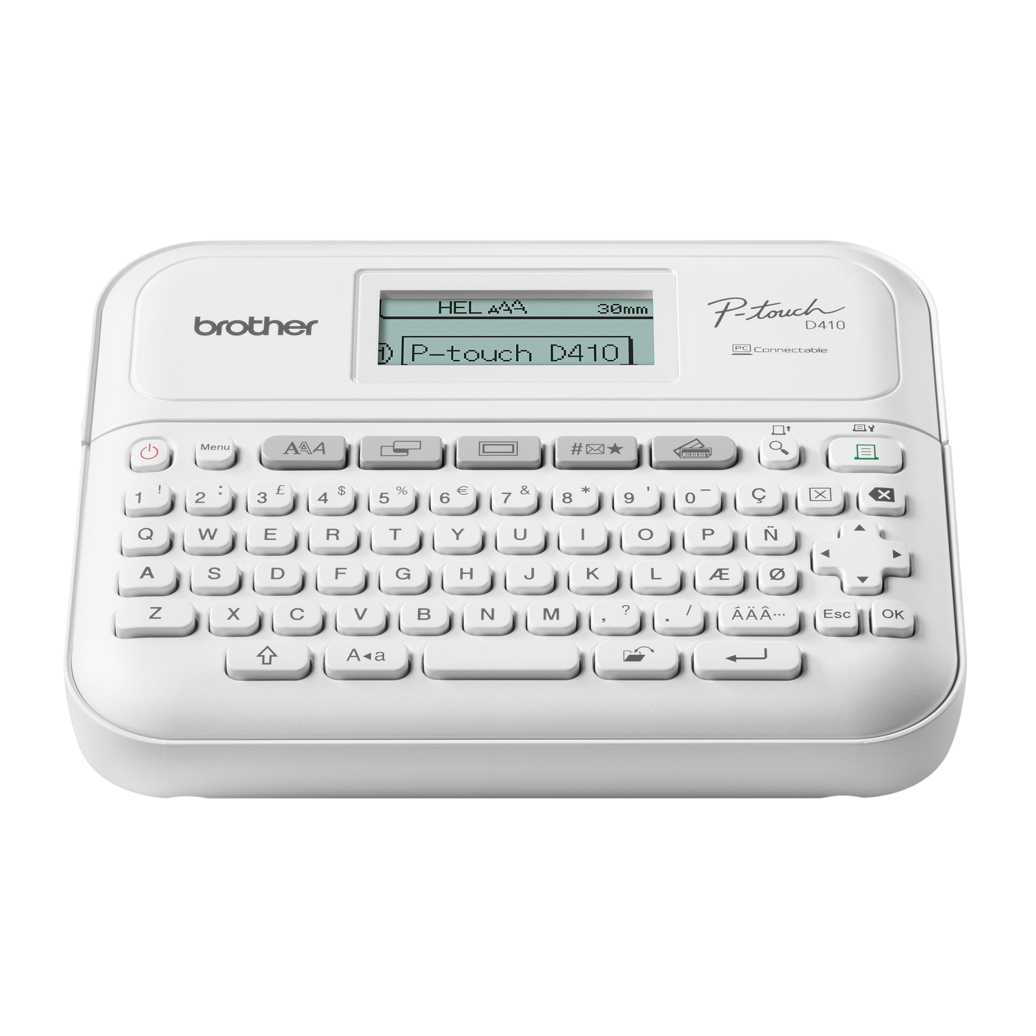 Een witte Brother P-touch D410 labelmaker met toetsenbord en scherm.