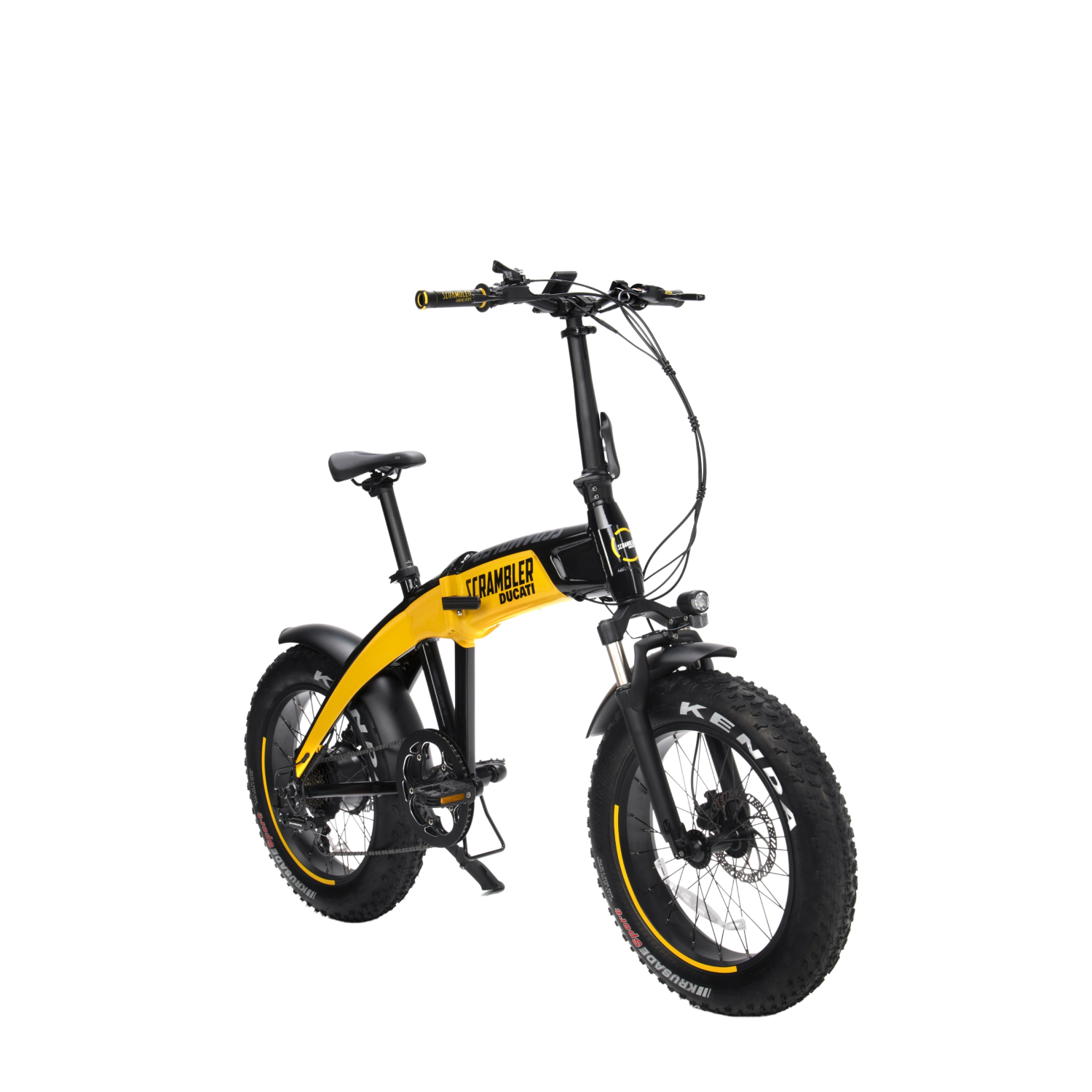 Żółto-czarny rower elektryczny na czarnym tle. Ma grube opony, widoczna jest nazwa marki.
