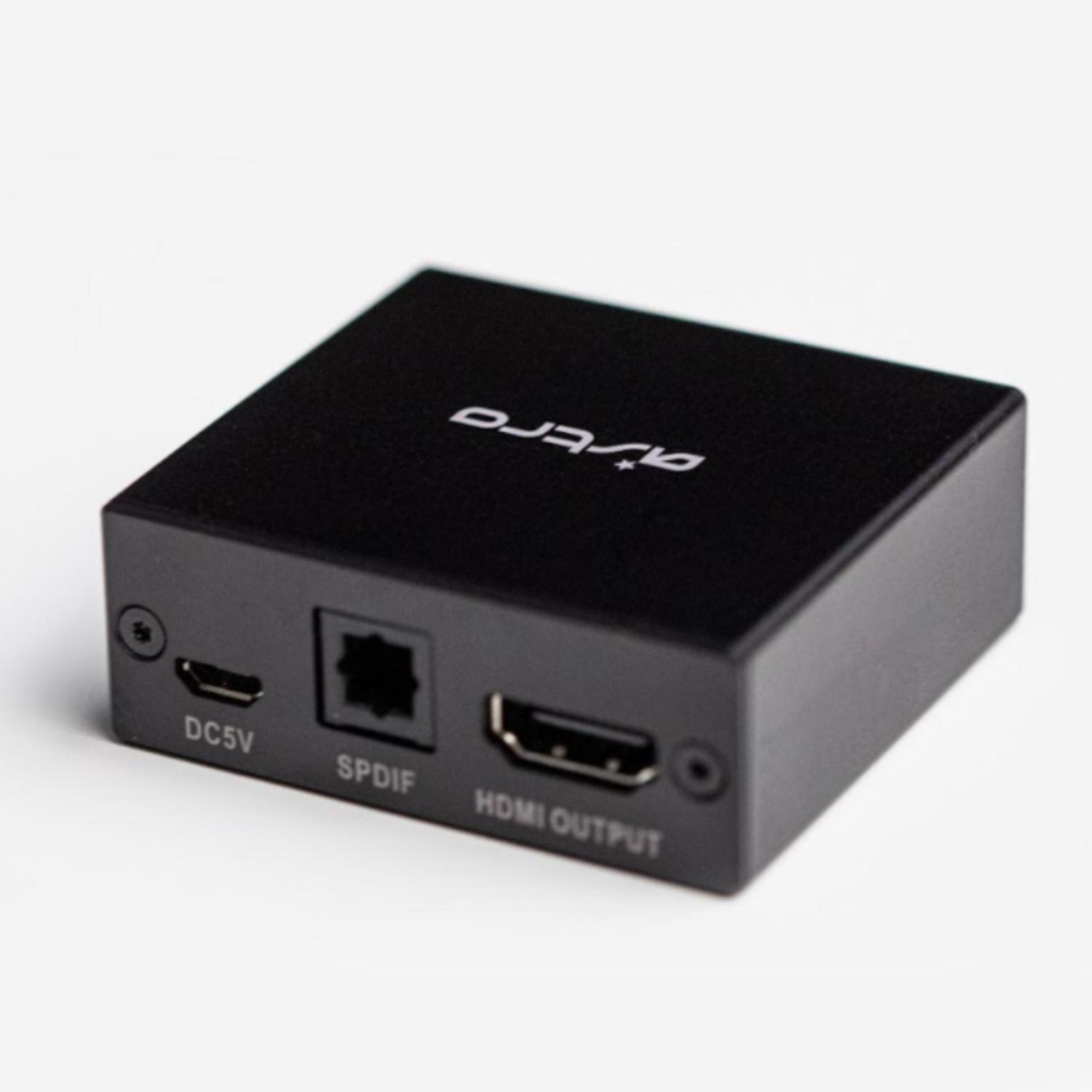 Czarne urządzenie do gier Astro z portami HDMI, SPDIF i DC5V. Białe tło.