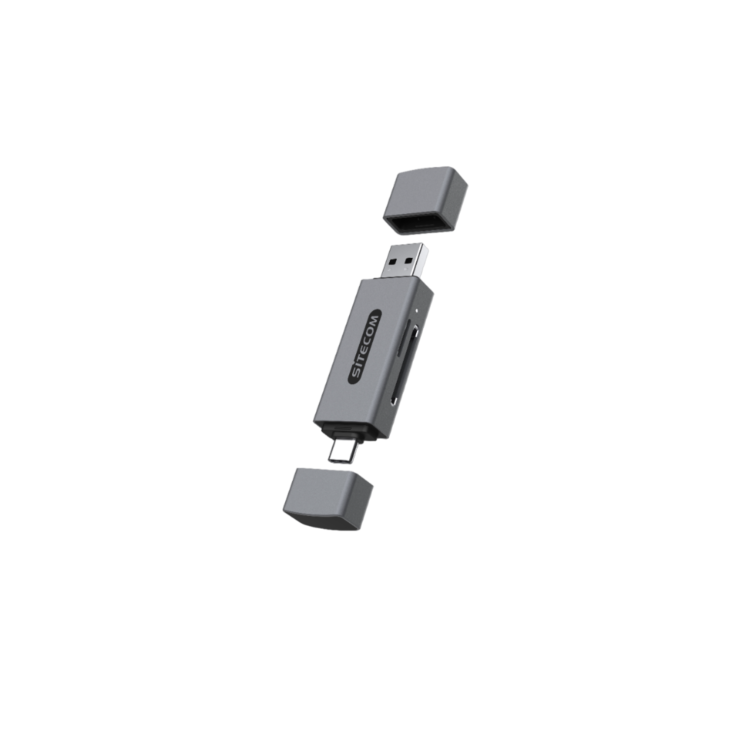 Un'unità flash USB grigia con cappucci ai lati su sfondo nero.