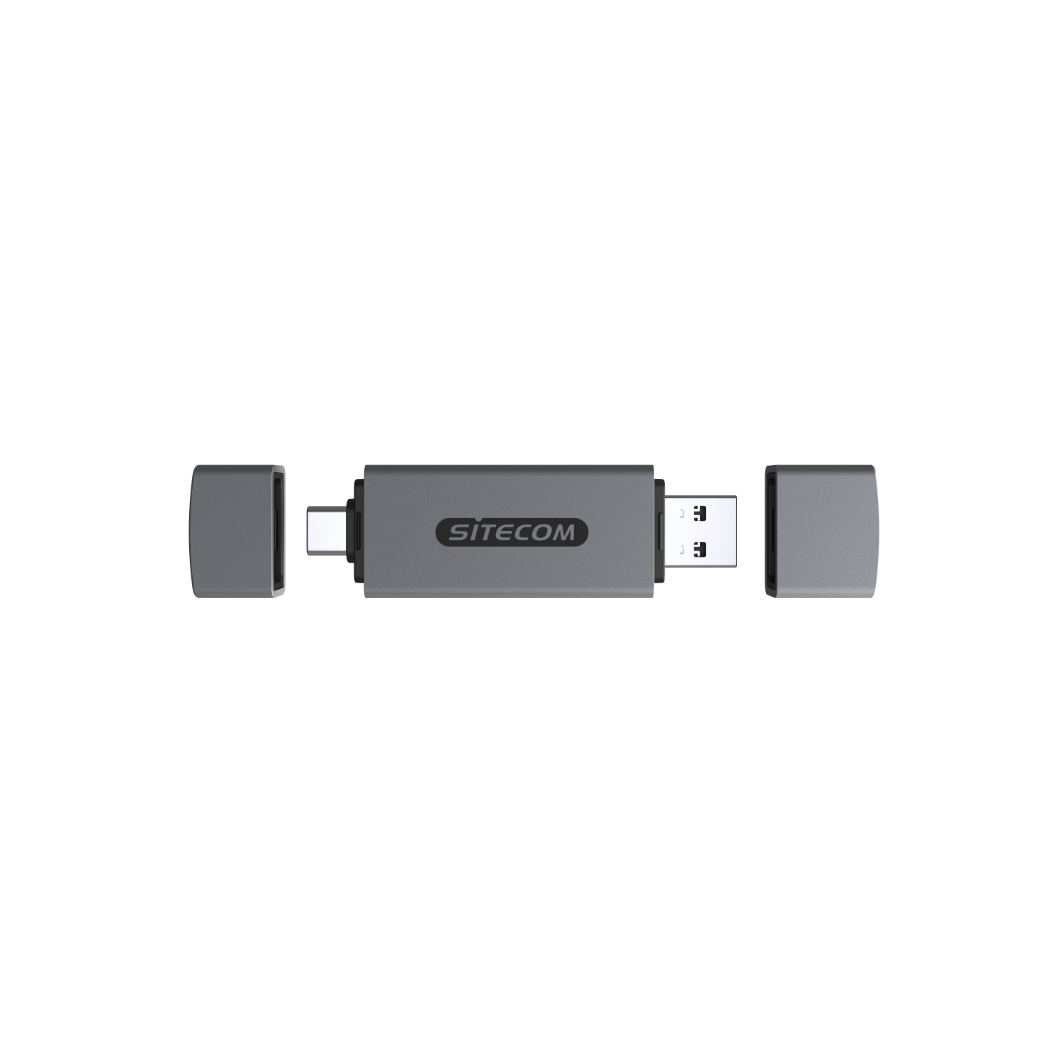 Chiavetta USB Sitecom grigia con coperture su ciascuna estremità e il logo Sitecom.