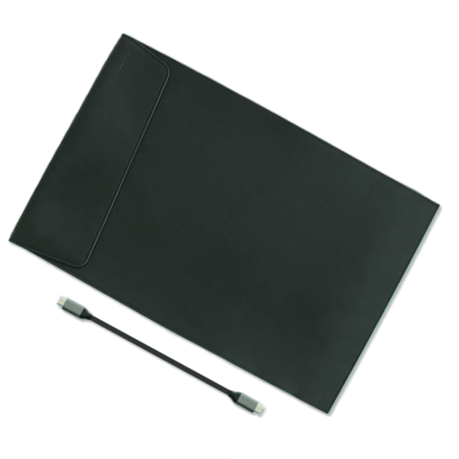 Black tablet with a black cover and a pen on a black background.