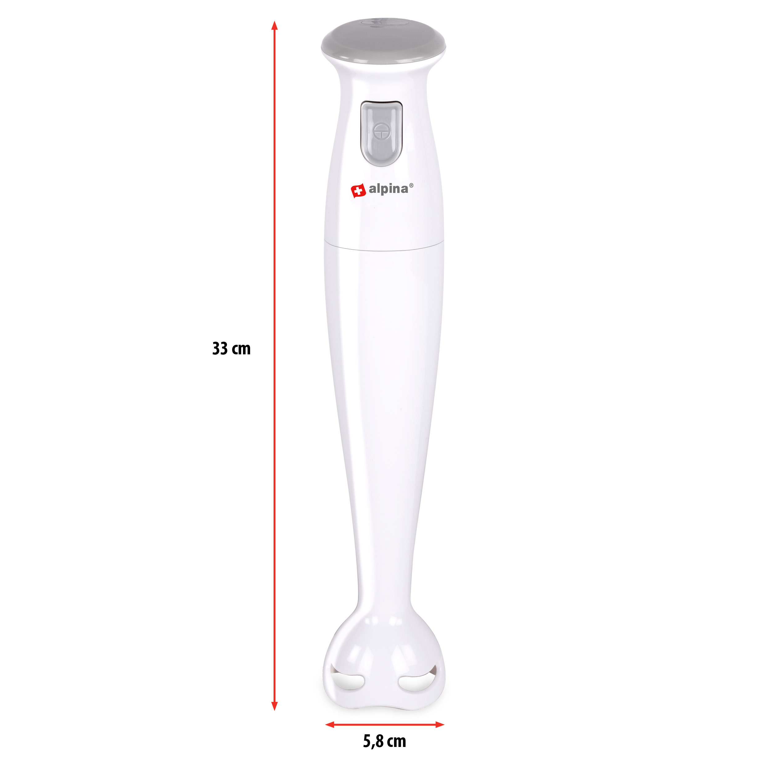 Ein weißer Handmixer. Er hat einen grauen Knopf und die Marke 'alpina' ist sichtbar.