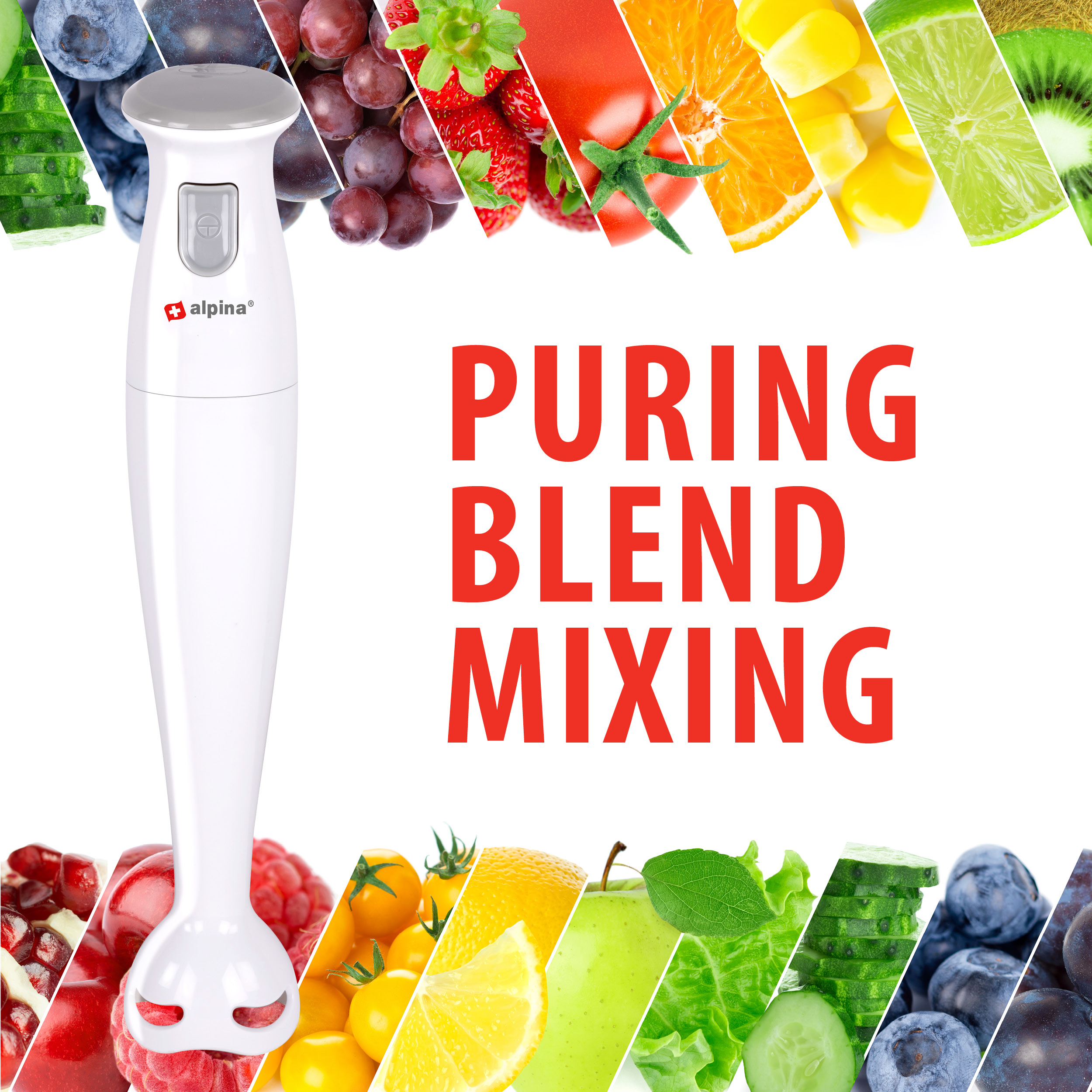 Ein weißer Stabmixer mit Griff und Klinge, umgeben von verschiedenen Früchten und Gemüse. Text: 'PURING BLEND MIXING'.