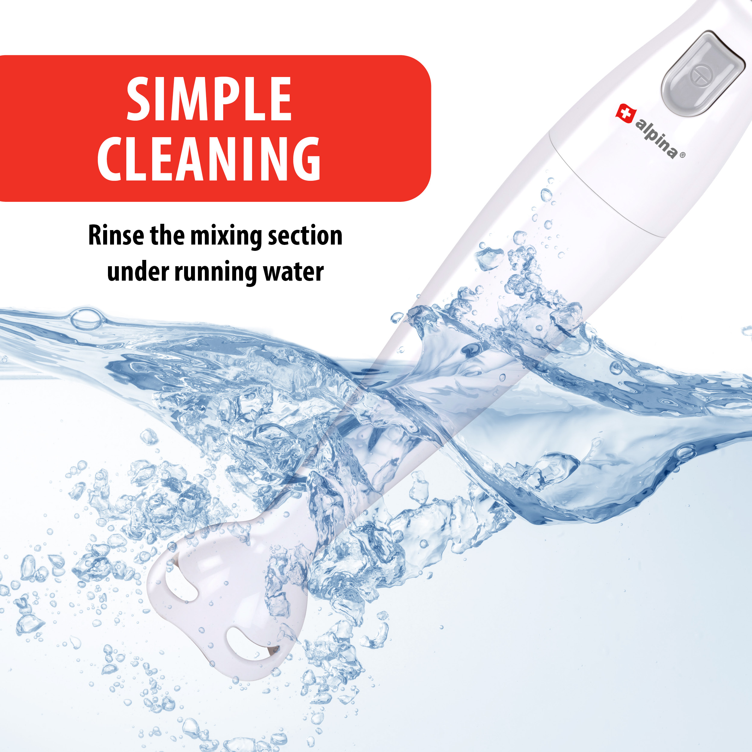 Weißer Handmixer im Wasser. Text lautet 'Einfache Reinigung' und 'Mischbereich unter fließendem Wasser spülen'.
