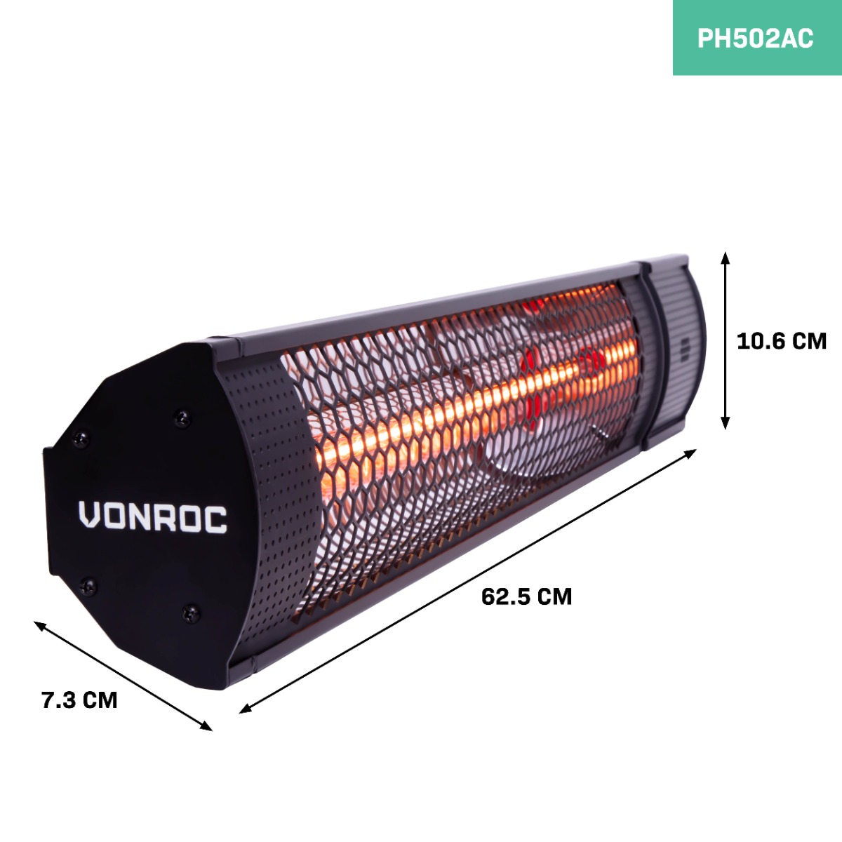 Black, wall-mounted infrared heater with visible heating elements and dimensions.