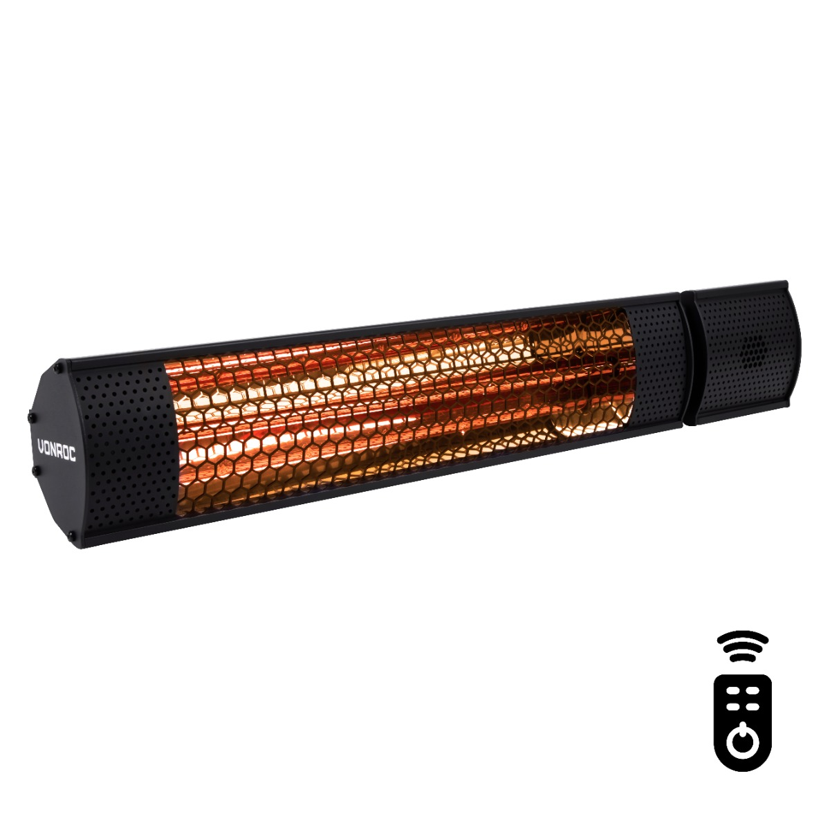 A black heater with a honeycomb design and the brand name 