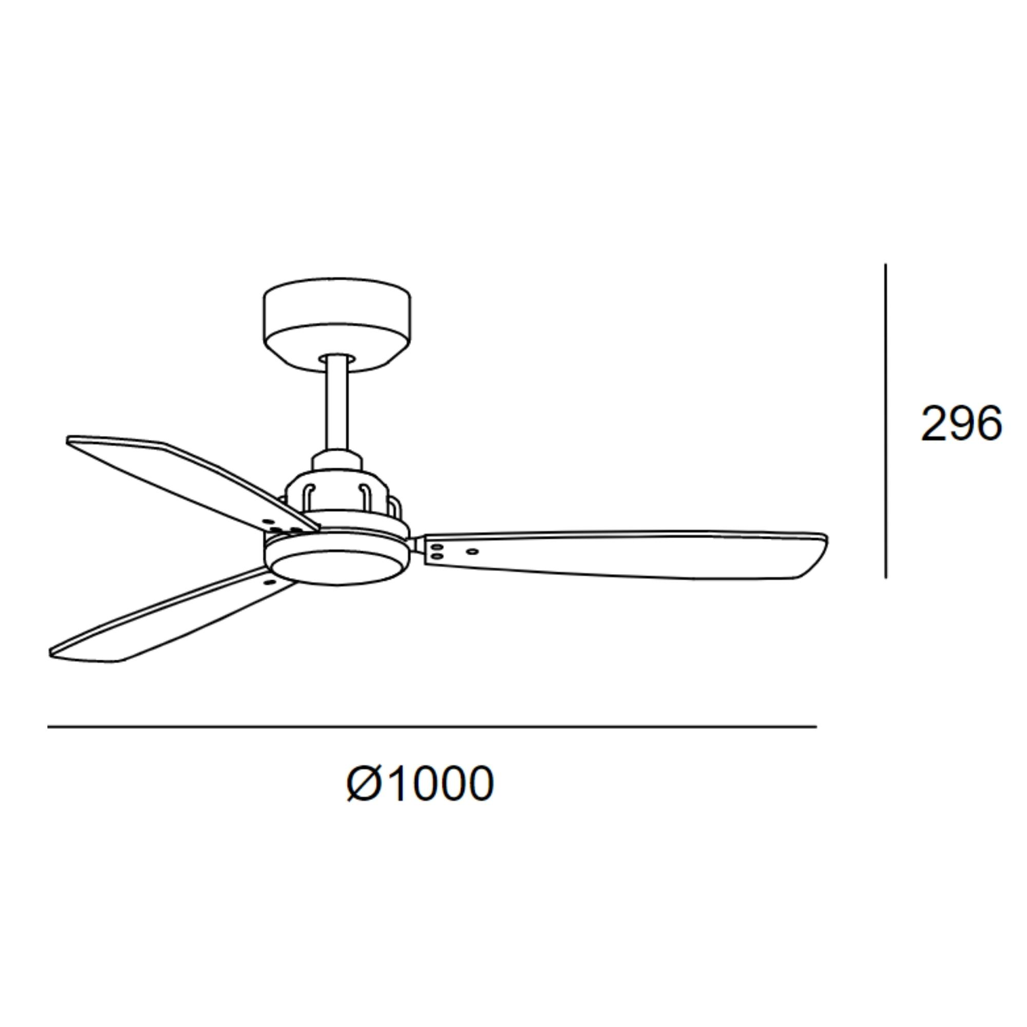 Eine Strichzeichnung eines Deckenventilators mit Abmessungen und einem Durchmesser von 1000 mm.