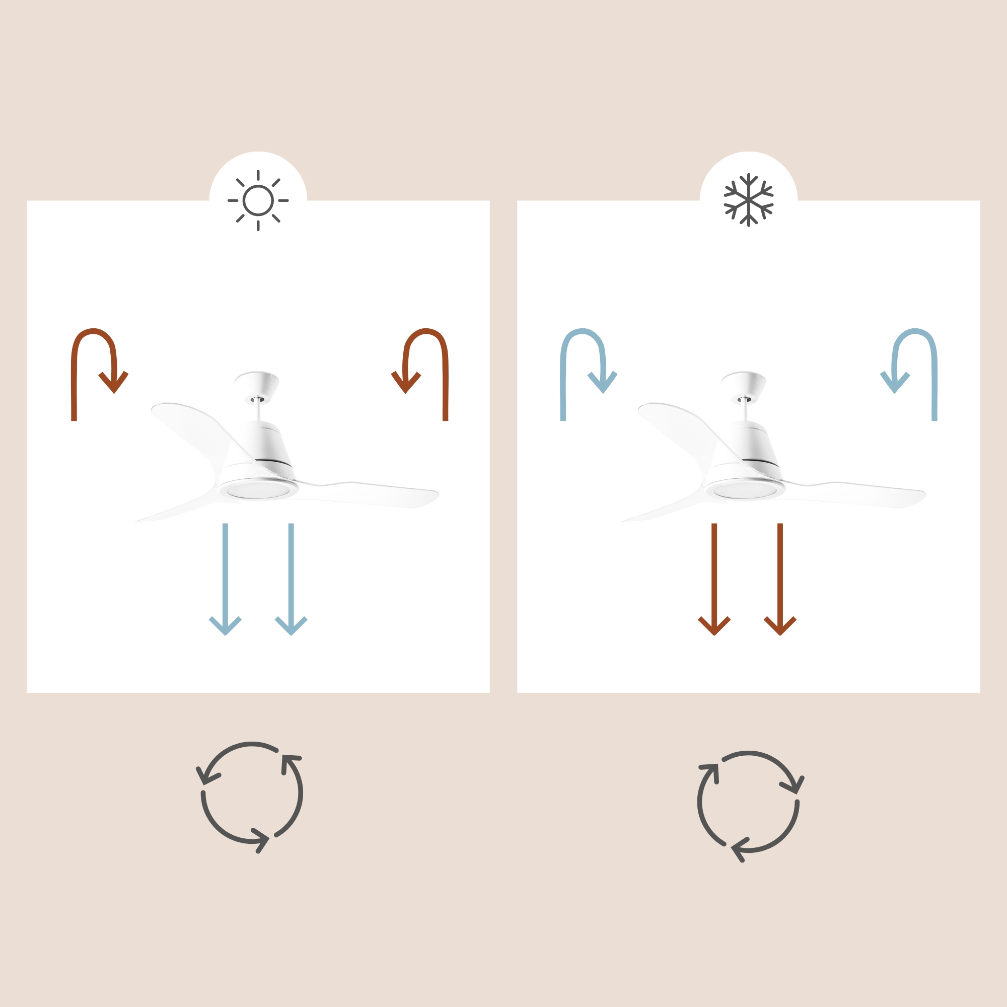 Diagramm mit Deckenventilatoren, mit unterschiedlichen Pfeilrichtungen für Sommer- und Wintermodi, auf beigem Hintergrund.