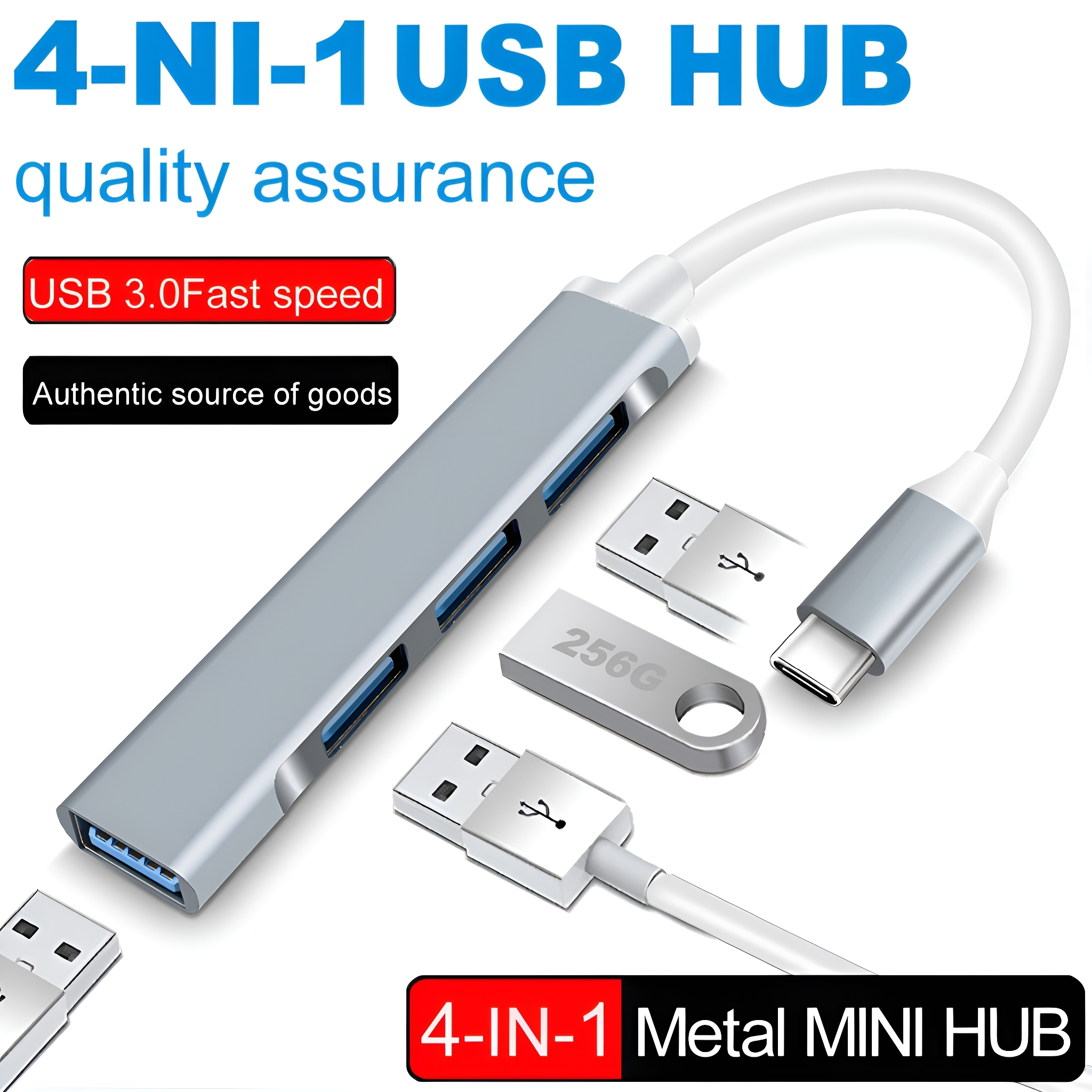 Silberner USB-Hub mit vier Anschlüssen. Zwei USB-Sticks sind angeschlossen. Weißer Hintergrund.